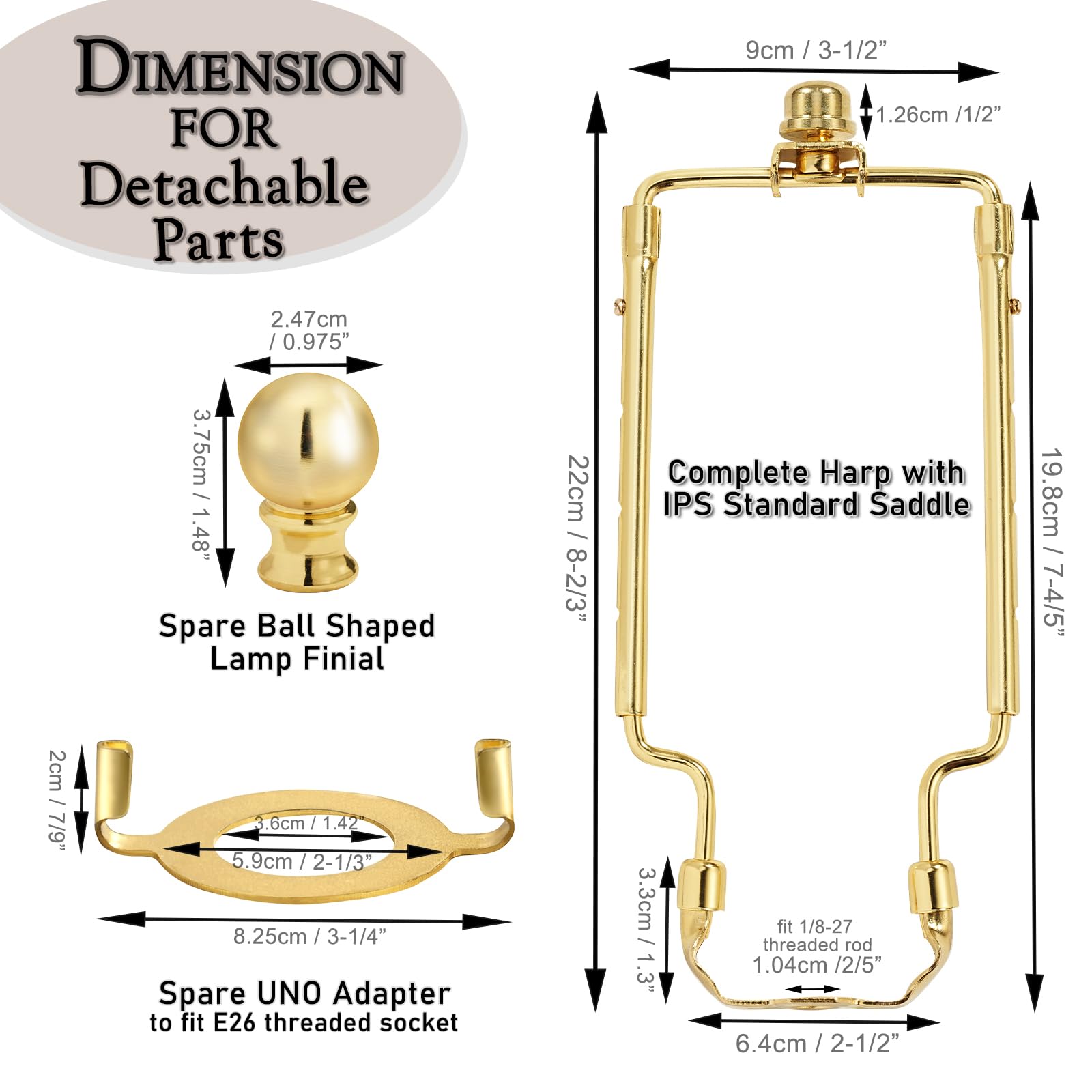 7 8 9 10 Inch Lamp Shade Harp Holder,Gold Lamp Harp Kit,Fit Both Standard Lamp Rod And E26 Light Base Uno Fitter Adapter,With 2