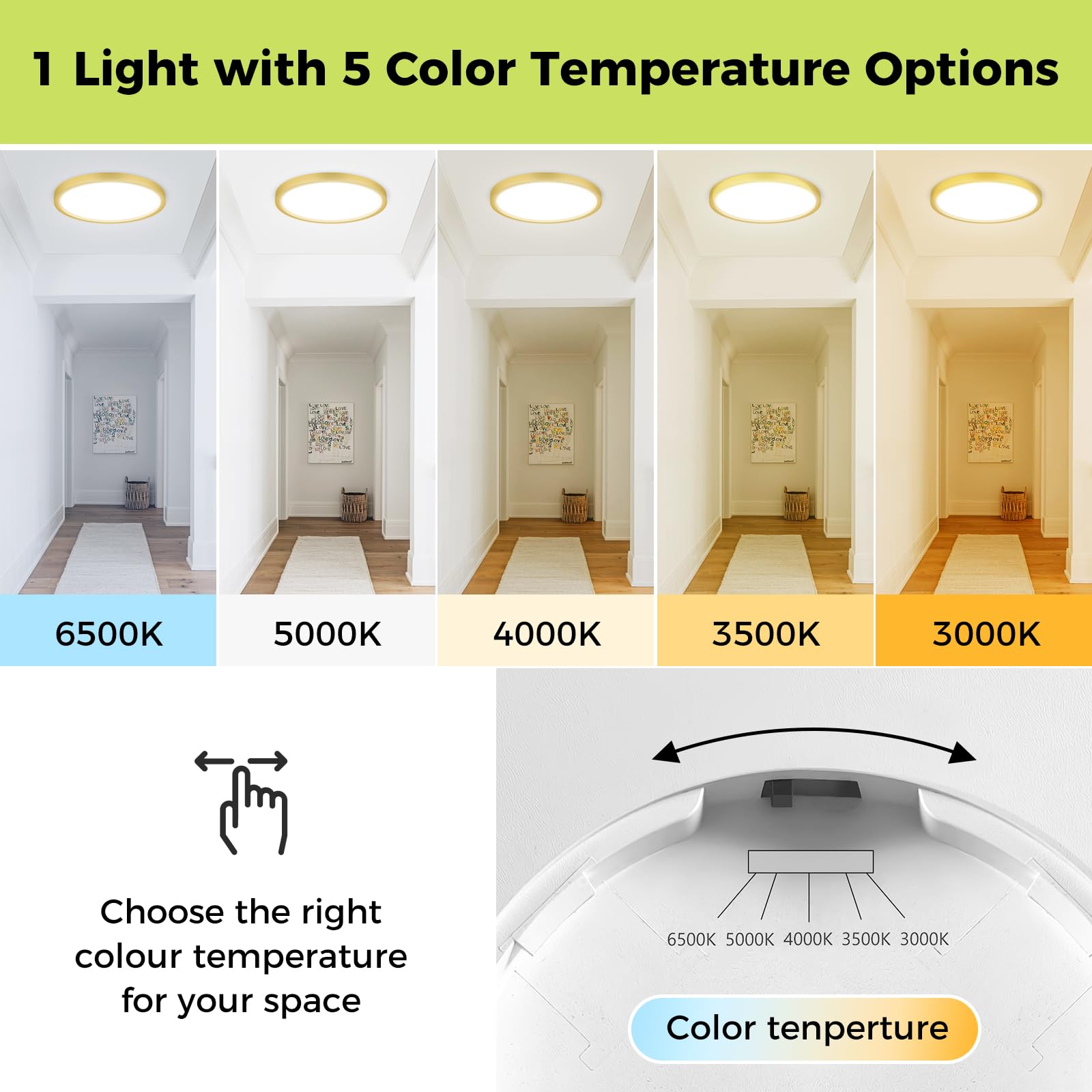 Hepside Led Flush Mount Ceiling Light Fixture Golden, 12Inch 24W, Dimmable&3000K-6500K Adjustable Low Profile Ceiling Lights, 32