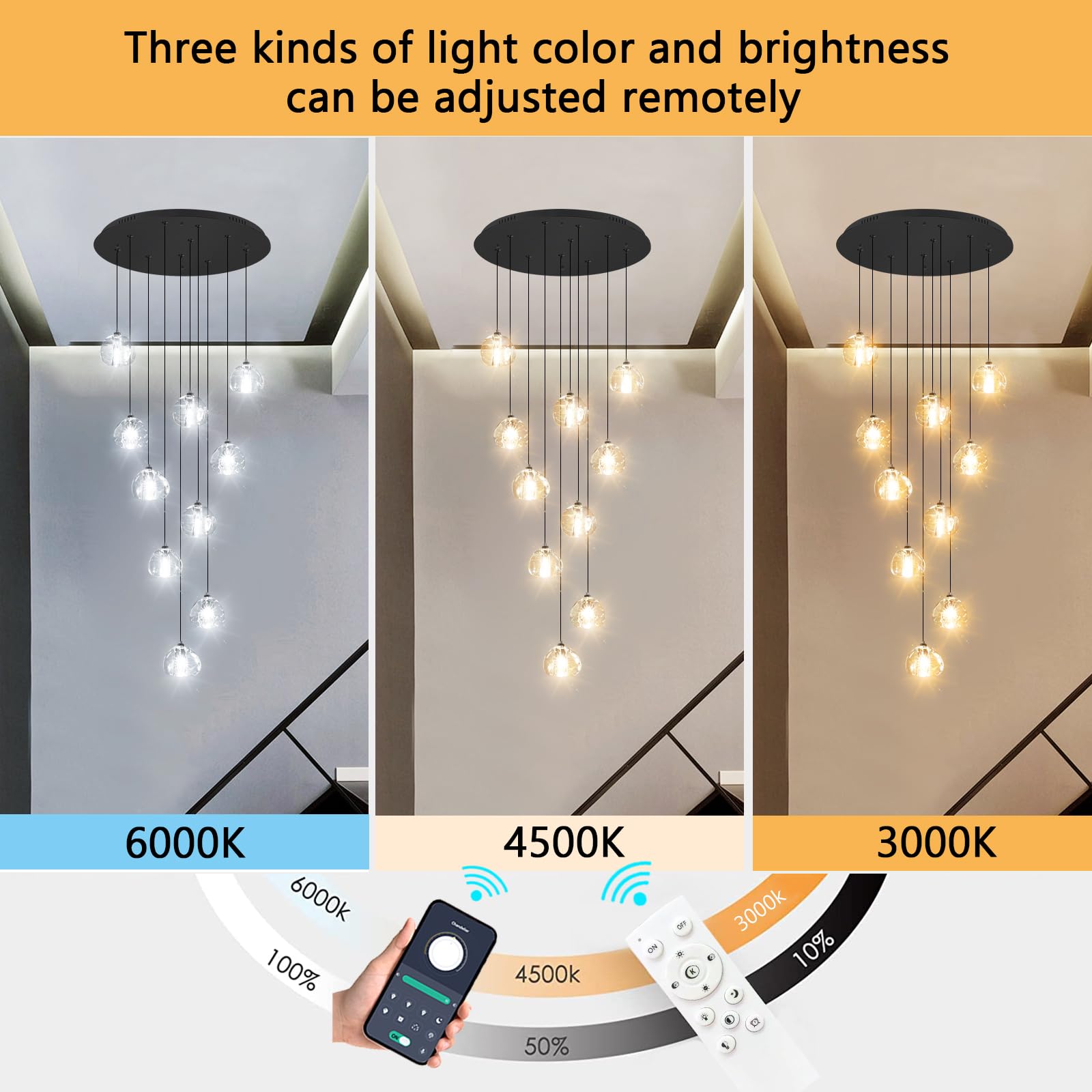 HAIXIANG LED Chandelier for Dining Room, 10 Lights, Dimmable, Black, Model MMQ9025, Adjustable for High Ceilings, Remote Control
