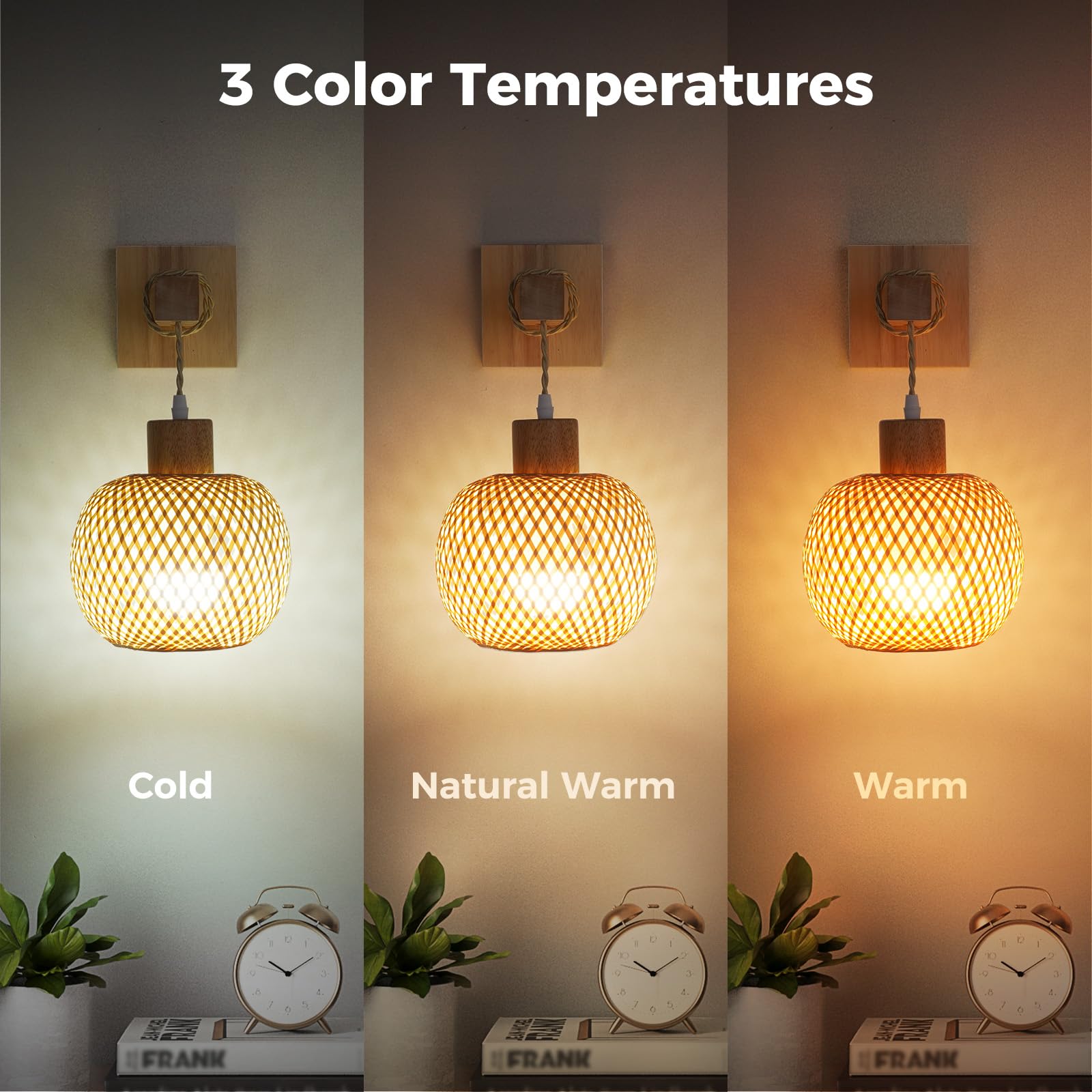 Glitnous Wall Sconces Set of Two, Battery Operated Rattan Lanterns, Wireless Light for Bedroom, Wood-Brown Rattan, Model BLA01245901
