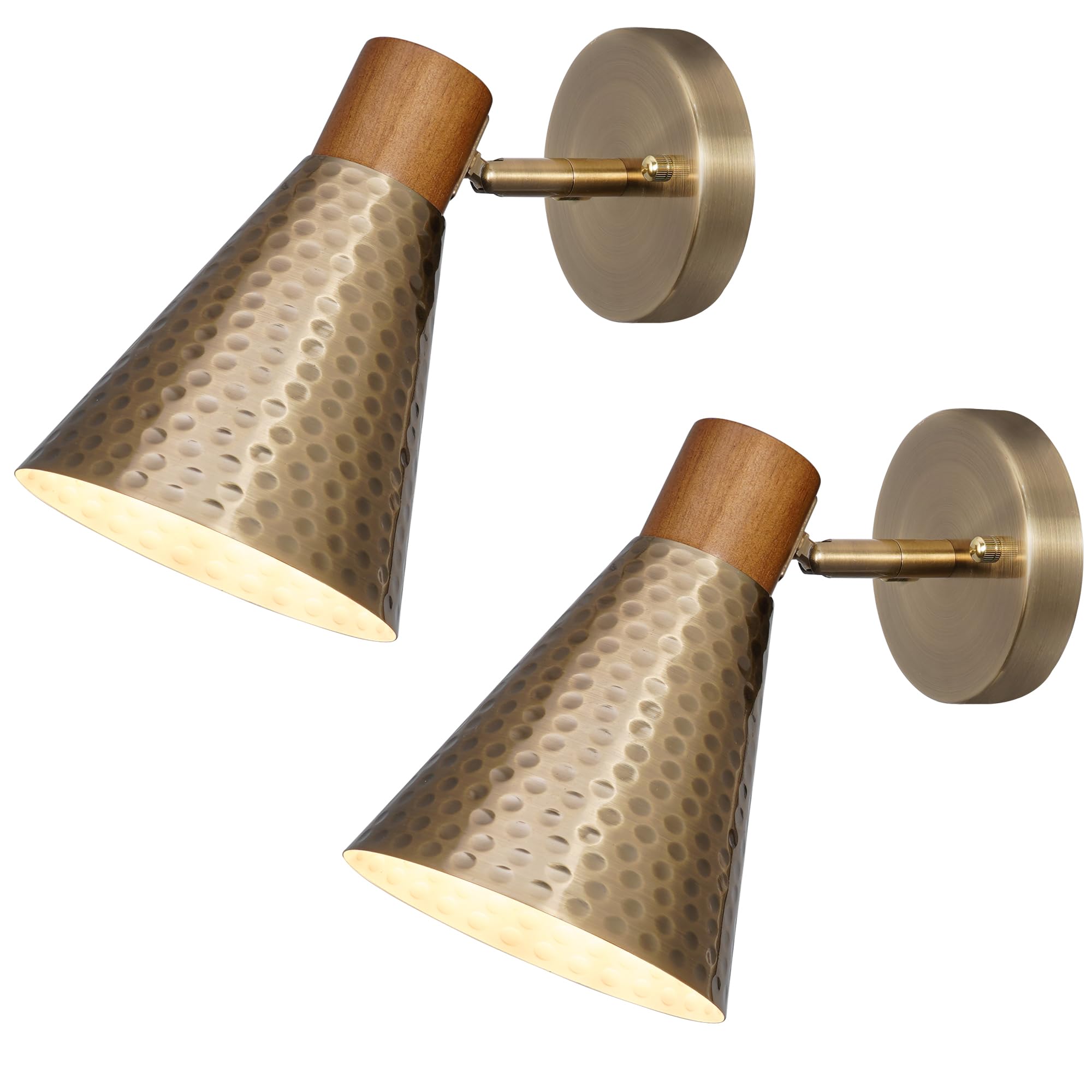 Dsmjfu Gold Wall Sconces Set Of Two, Vintage Rotateable Wall Light Set Of 2, Bedside Sconces Wall Lamp With Hammered Metal Shade, Modern Brass Wood Sconce Wall Lighting For Bedroom Living Room Hallway