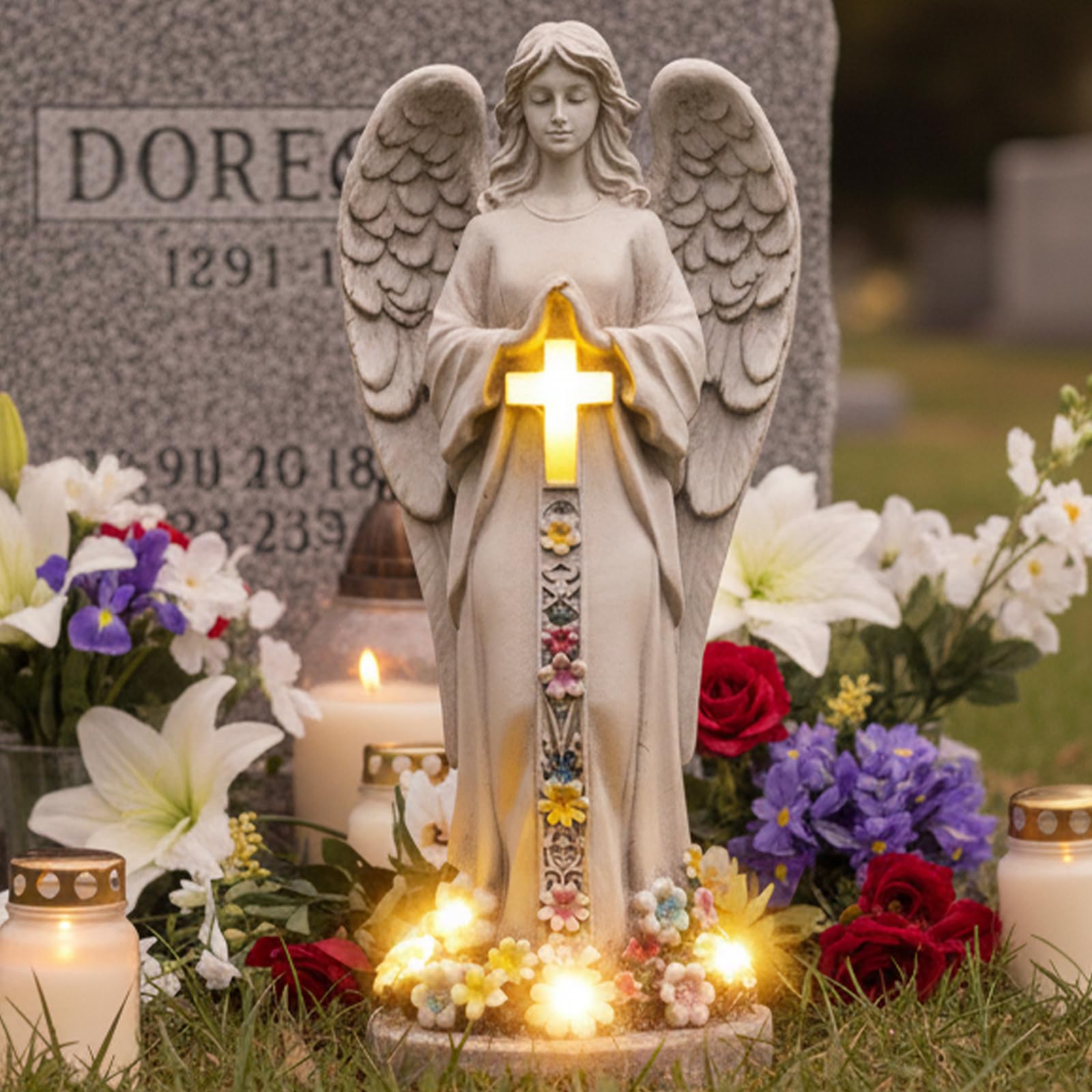 Angel Garden Statues Outdoor Cemetery Decorations for Grave 8.2 Resin Praying Angel Figurines Featuring Cross Solar Light Waterp