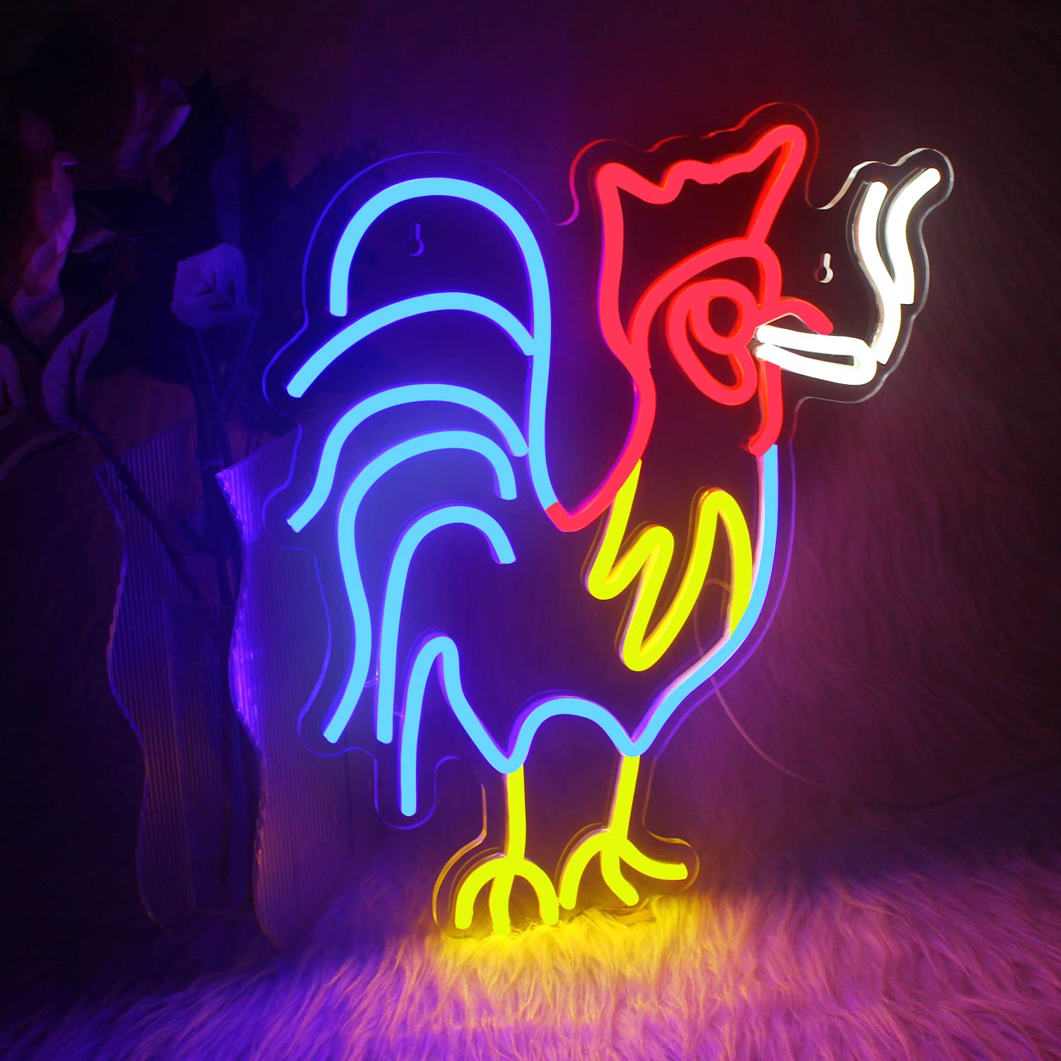 Ineonlife Neon Rooster Sign - Red Blue Led Wall Decor, Acrylic, Model Ns156, Colorful-B-Rooster, Unique Birthday Party Gift