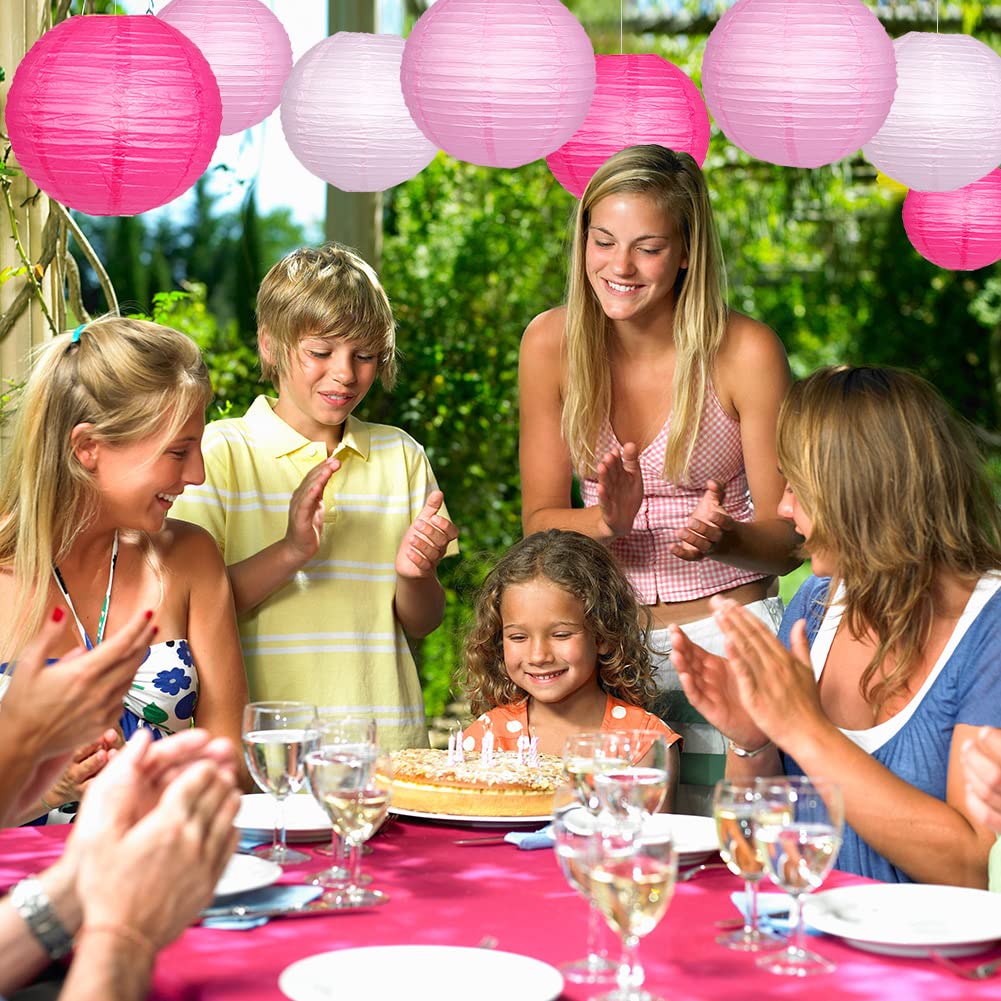 YUNXUAN Paper Lanterns, Pink Hanging Round Chinese Lanterns with 12 LED Lights, Model YX1034, Pack of 12
