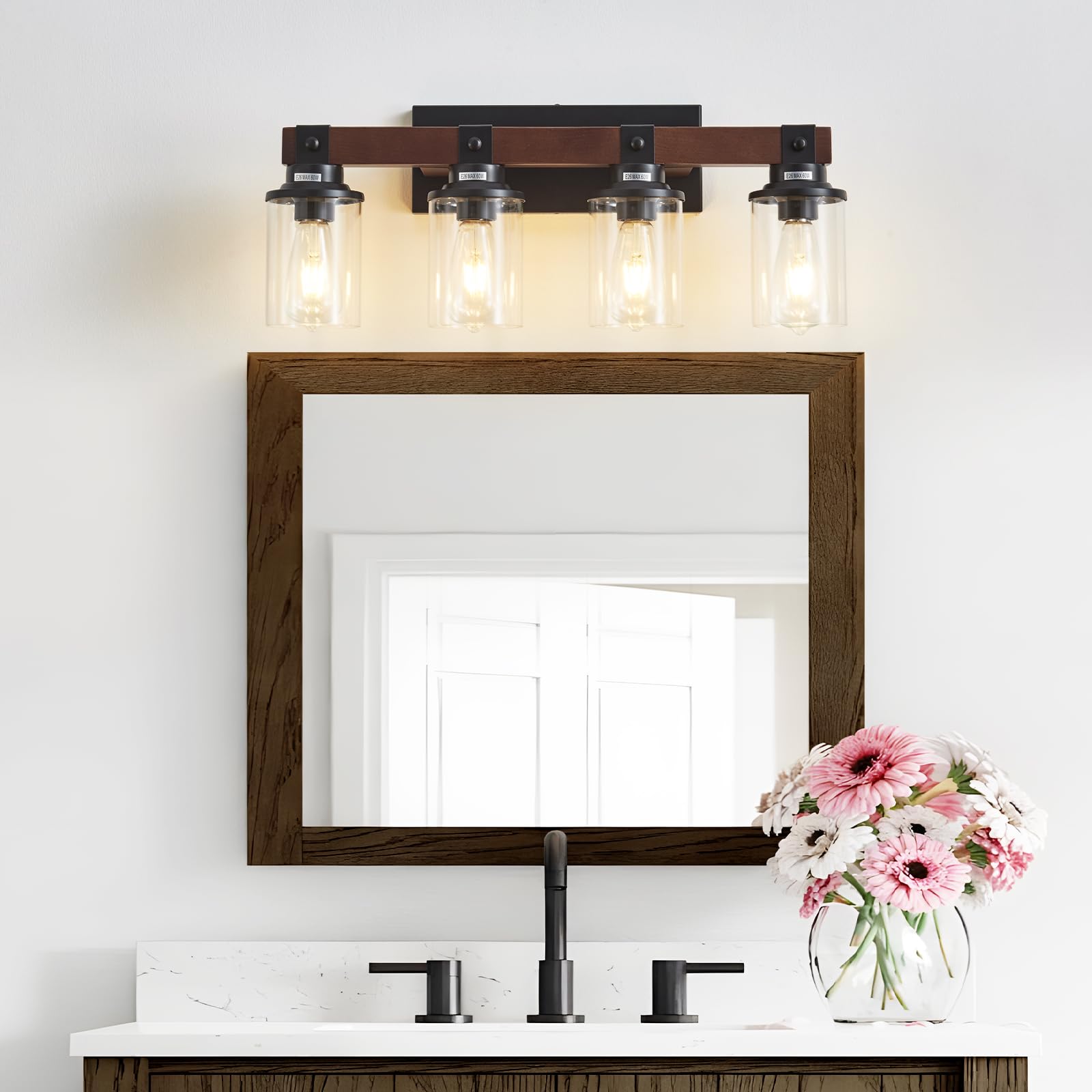 Aixialin 4 Lights Wood Farmhouse Vanity Lights Fxtures Rustic Bathroom Lights Over Mirror With Clear Glass Shade Black Industria