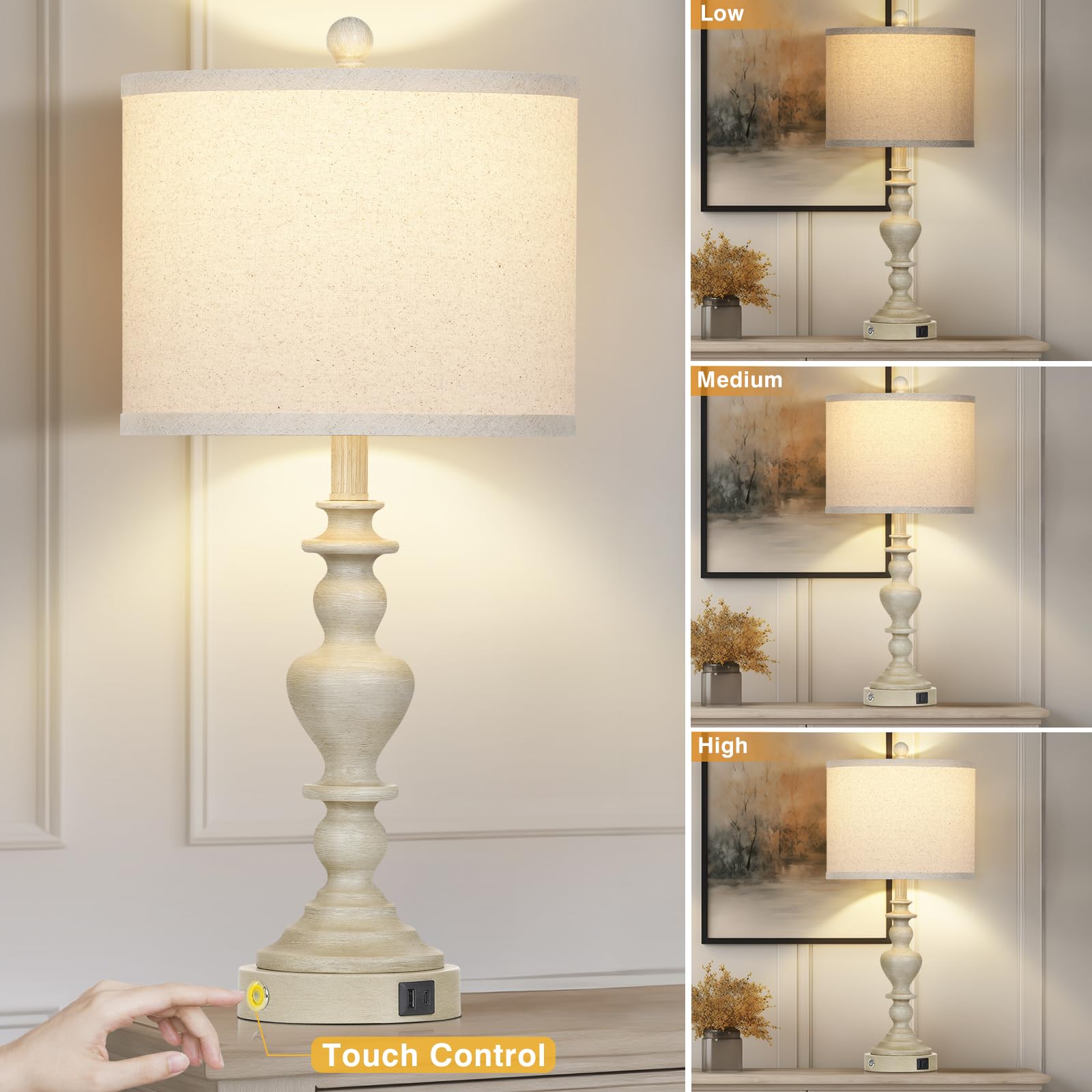 Lolikit 27" Farmhouse Table Lamps Set of 2, USB Ports, Dimmable, Vintage Rustic Design, Washed Beige, Ideal for Living Room and Bedroom