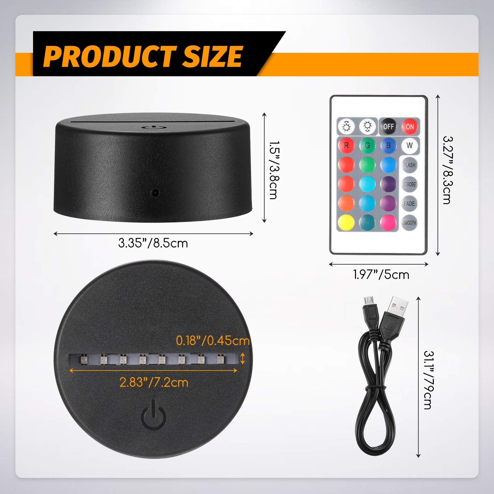 Honoson 3D Night LED Light Lamp Base, 16 Colors, Remote Control, 3.35 Inch, Black, Acrylic, Model Honoson-Room Shop-03