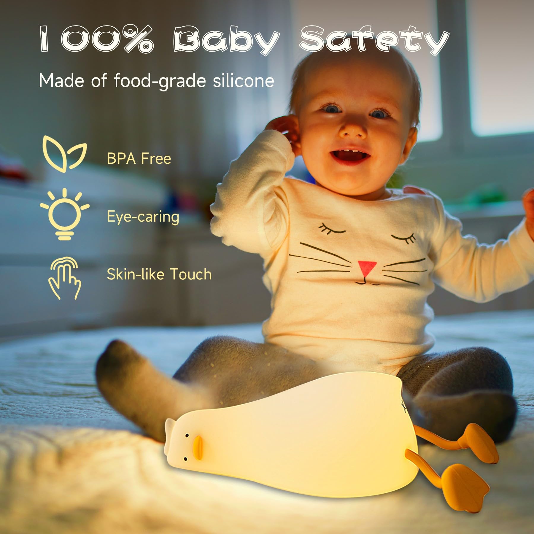 NesveCit Lay Flat Duck Night Light, Dimmable LED Silicone Lamp for Nursery, Rechargeable, Model k-1096