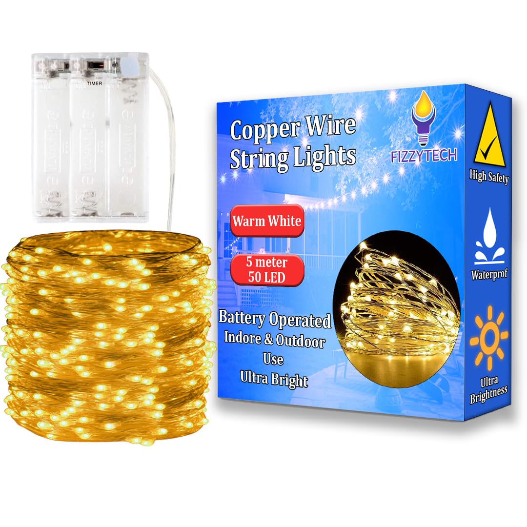 fizzytech 5 Meter 50 LED Fairy String Lights Battery Powered Copper Wire for Lights of Home Decoration Diwali Lighting Festival