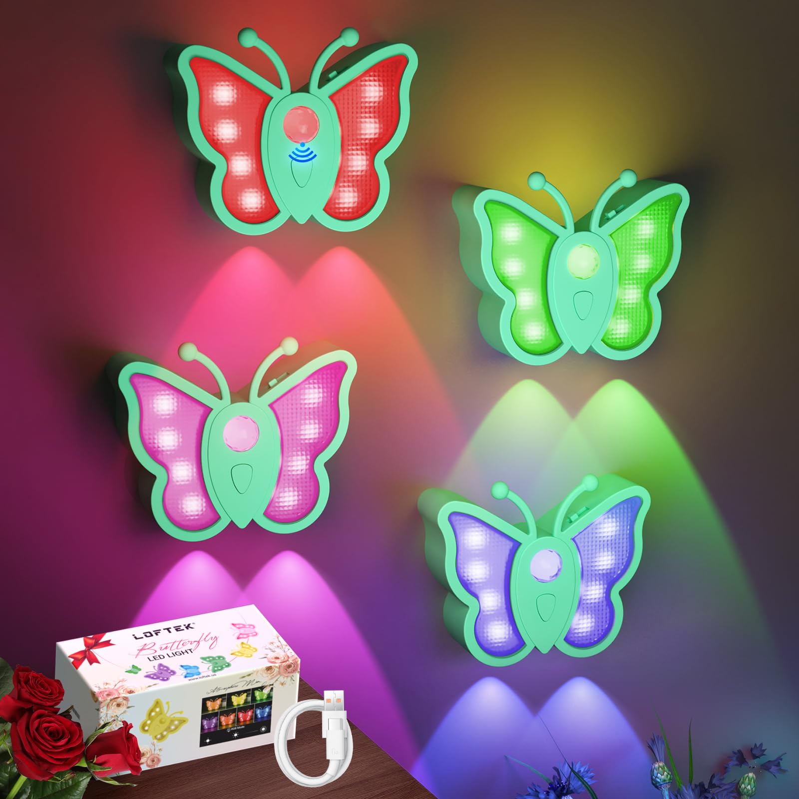 LOFTEK Motion Sensor Night Light, Rechargeable, Dimmable, 4 Pack, Green, Acrylic