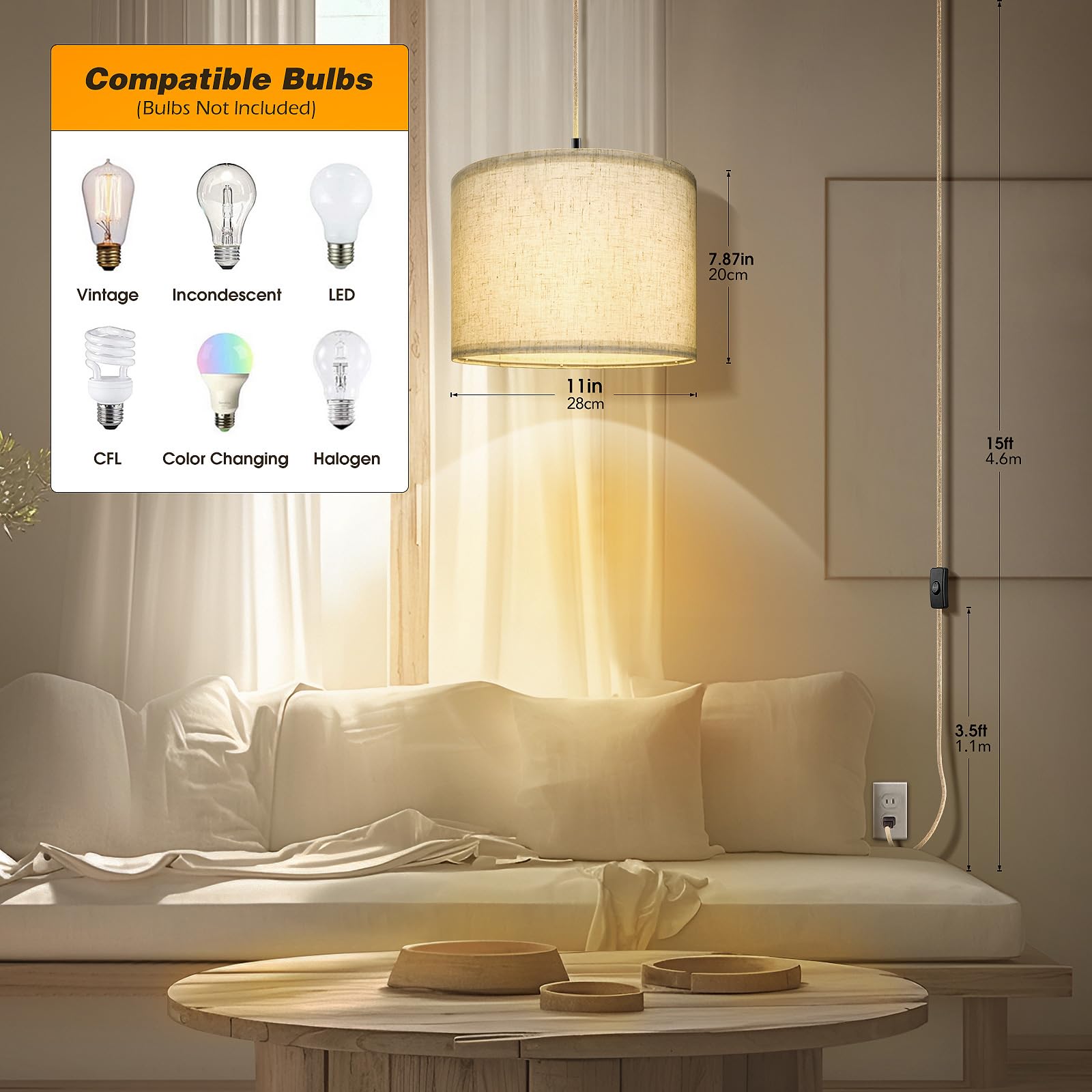 Wimisom Plug In Pendant Light,15 Ft Hanging Lamp With Plug In Cord, On/Off Switch, Pendant Lighting With Fabric Shade, Hanging L
