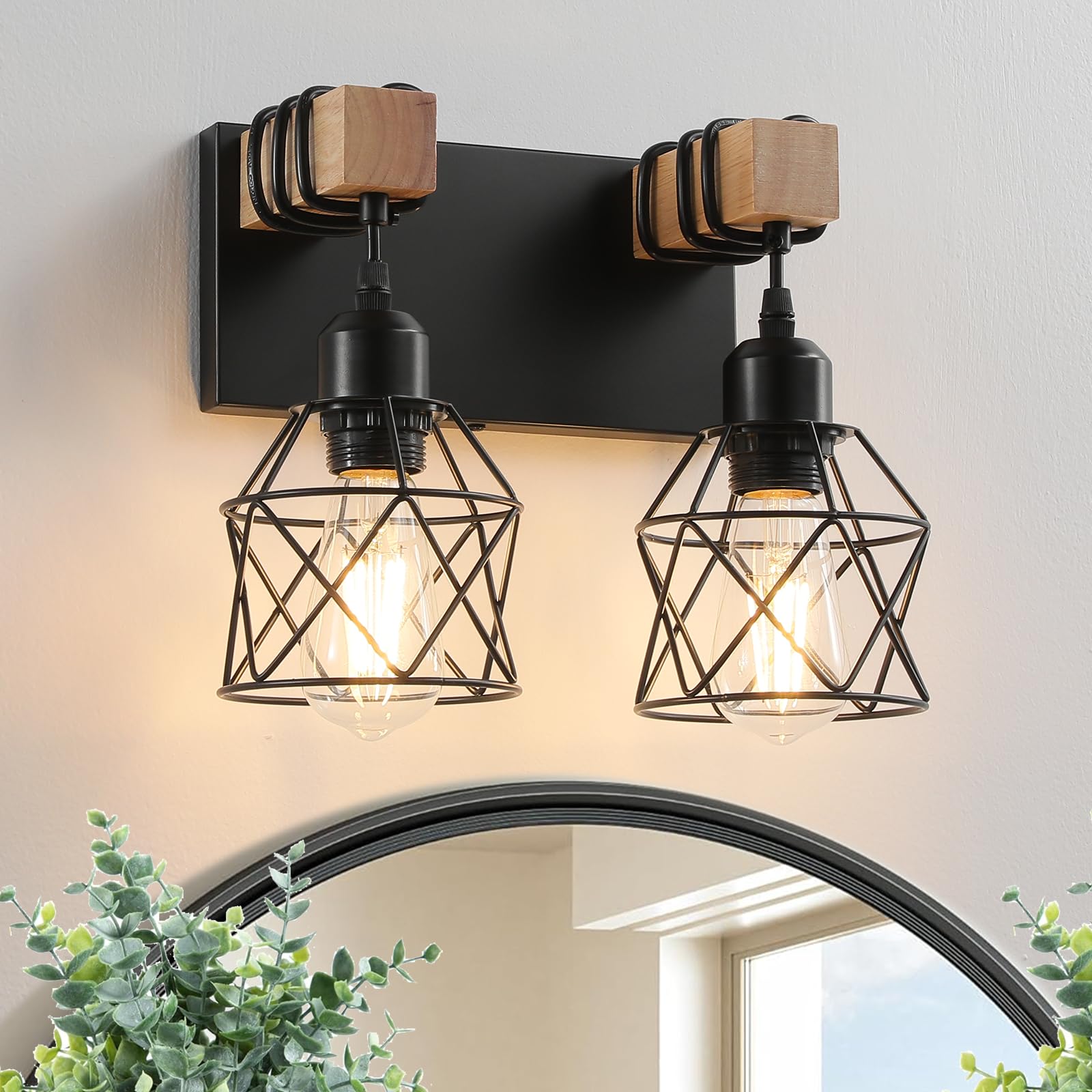 Farmhouse Vanity Light Fixture 2-Light Bathroom Lighting Black Industrial Wood Wall Light Over Mirror With Metal Shade