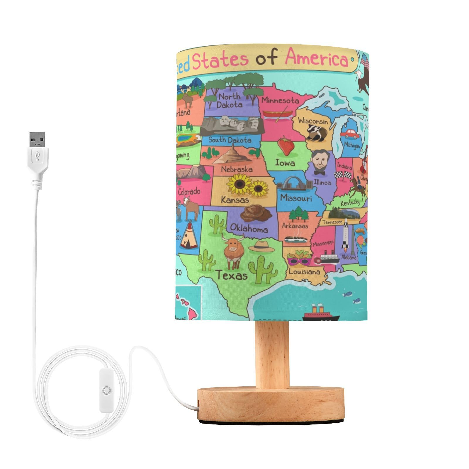ALAZA Bedside Lamp United States Map Table Lamp for Girls Boys Bedroom with USB Port LED Kids Nightstand Lamp Wood Base Desk Liv