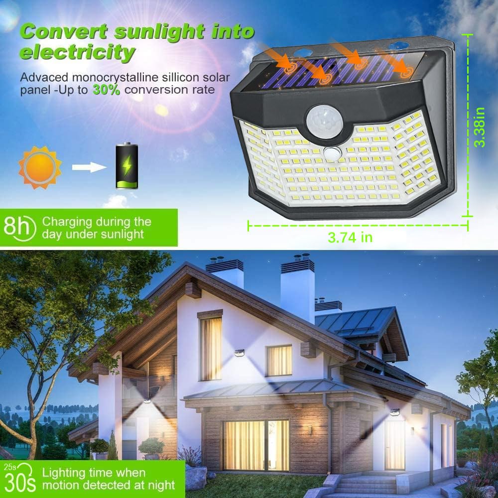 HMCITY 120 LED Outdoor Solar Lights, Motion Sensor, IP65 Waterproof, 4Pack, Daylight White, Model JY2440