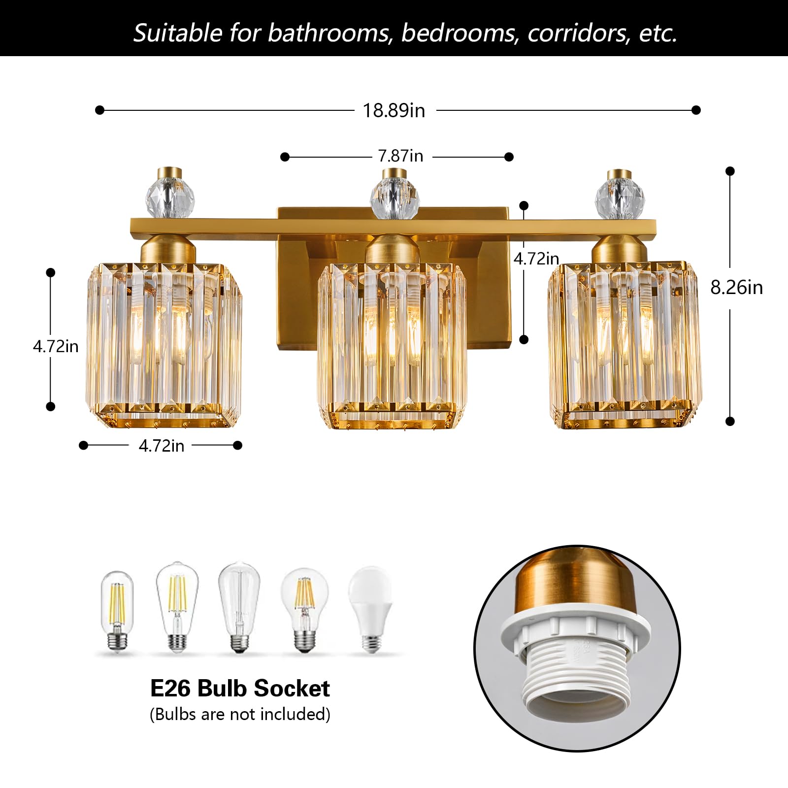 FDPBY 3-Light Bathroom Vanity Light Fixture, Gold Square Metal, Model 290, Modern Crystal Design, Over Mirror Lighting