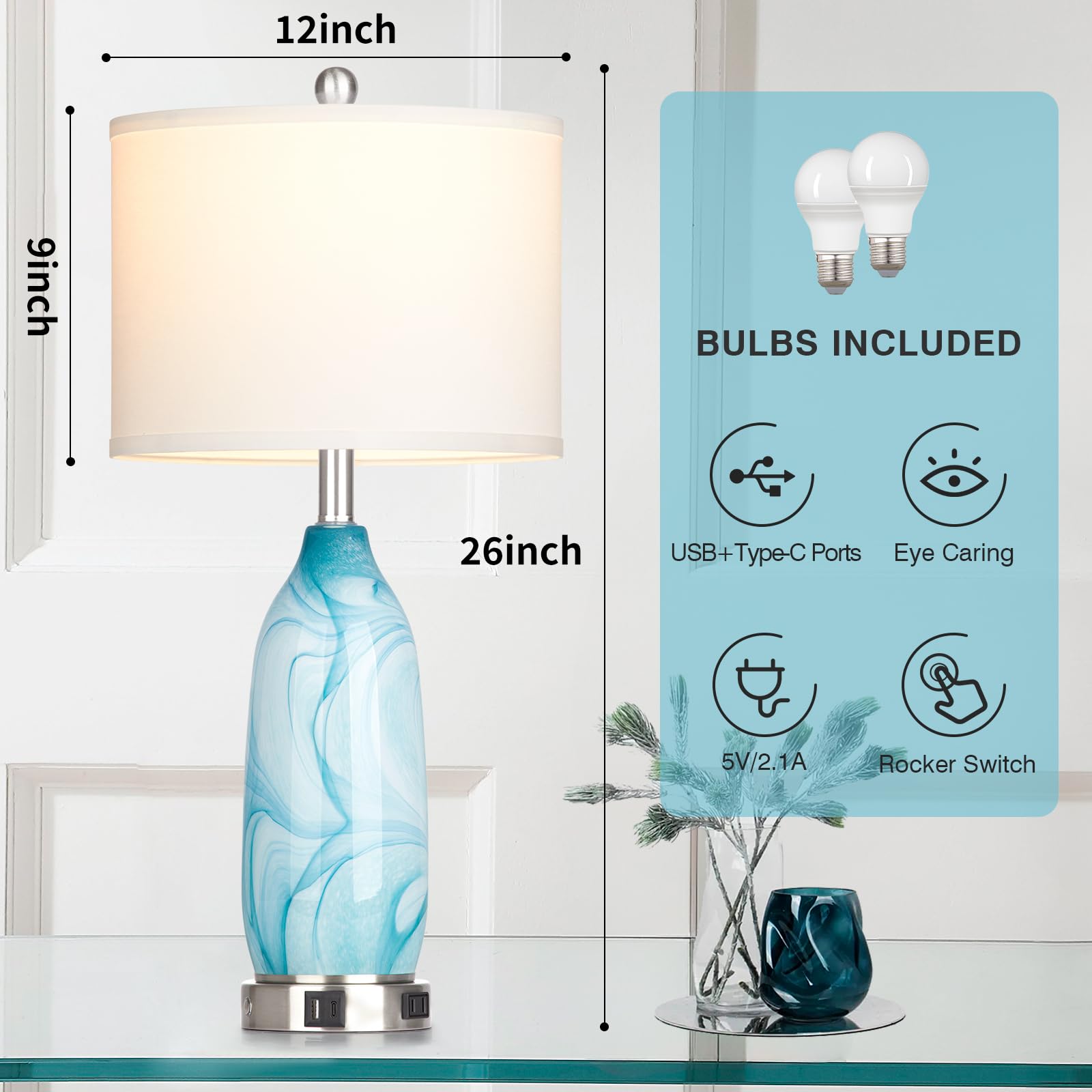 26" Coastal Table Lamps Set Of 2, Modern Table Lamps With Usb A+C Ports & Ac Outlet, Touch Control Glass Bedside Nightstand Lamp With Night Light For Living Room Bedroom End Table Blue(Bulbs Included)