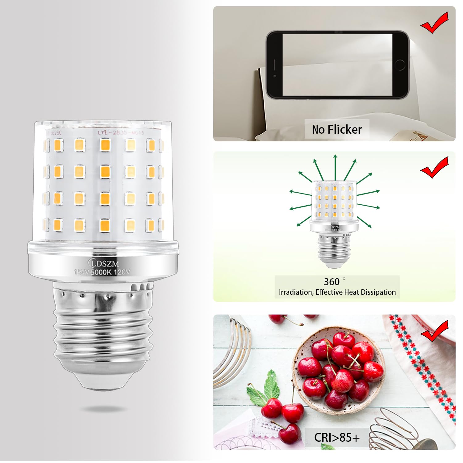 LDSZM LED Light Bulb A15/G45, 15W 1200lm, Daylight 5000K, E26/E27 Base, Non-Dimmable, Pack of