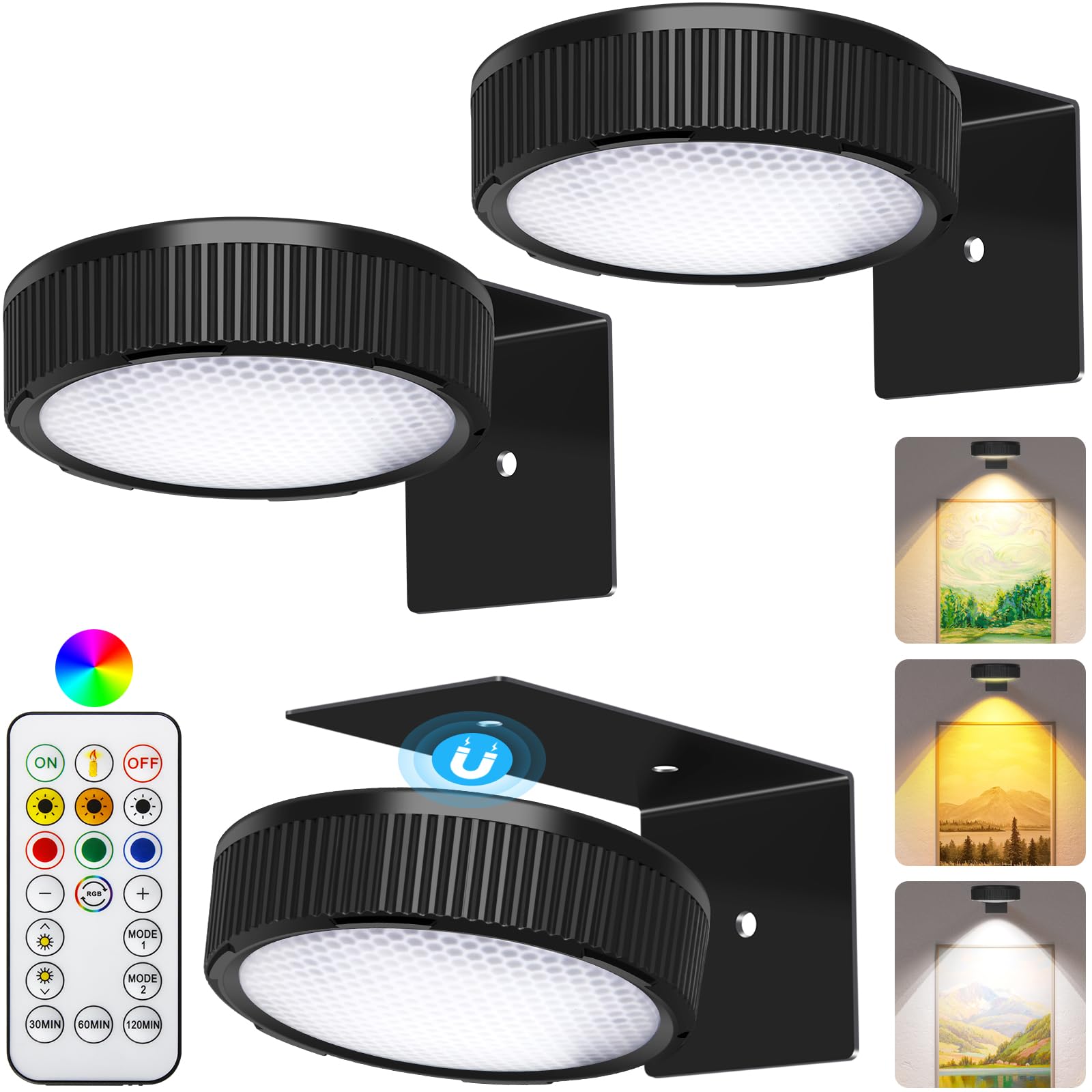 SIXDEFLY RGB Magnetic Suction Spotlight - Wireless, Remote Control, Adjustable Timer, 3 Pack, Black, Model 8b302790-93cf-4022-8b35