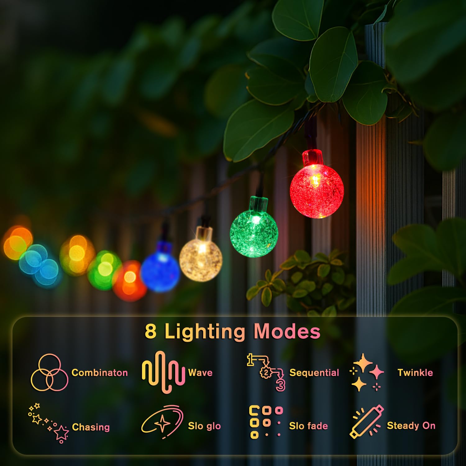 Metaku Solar String Lights, 20FT 30 LED Crystal Globe, 8 Lighting Modes, Outdoor Decor, Multicolor