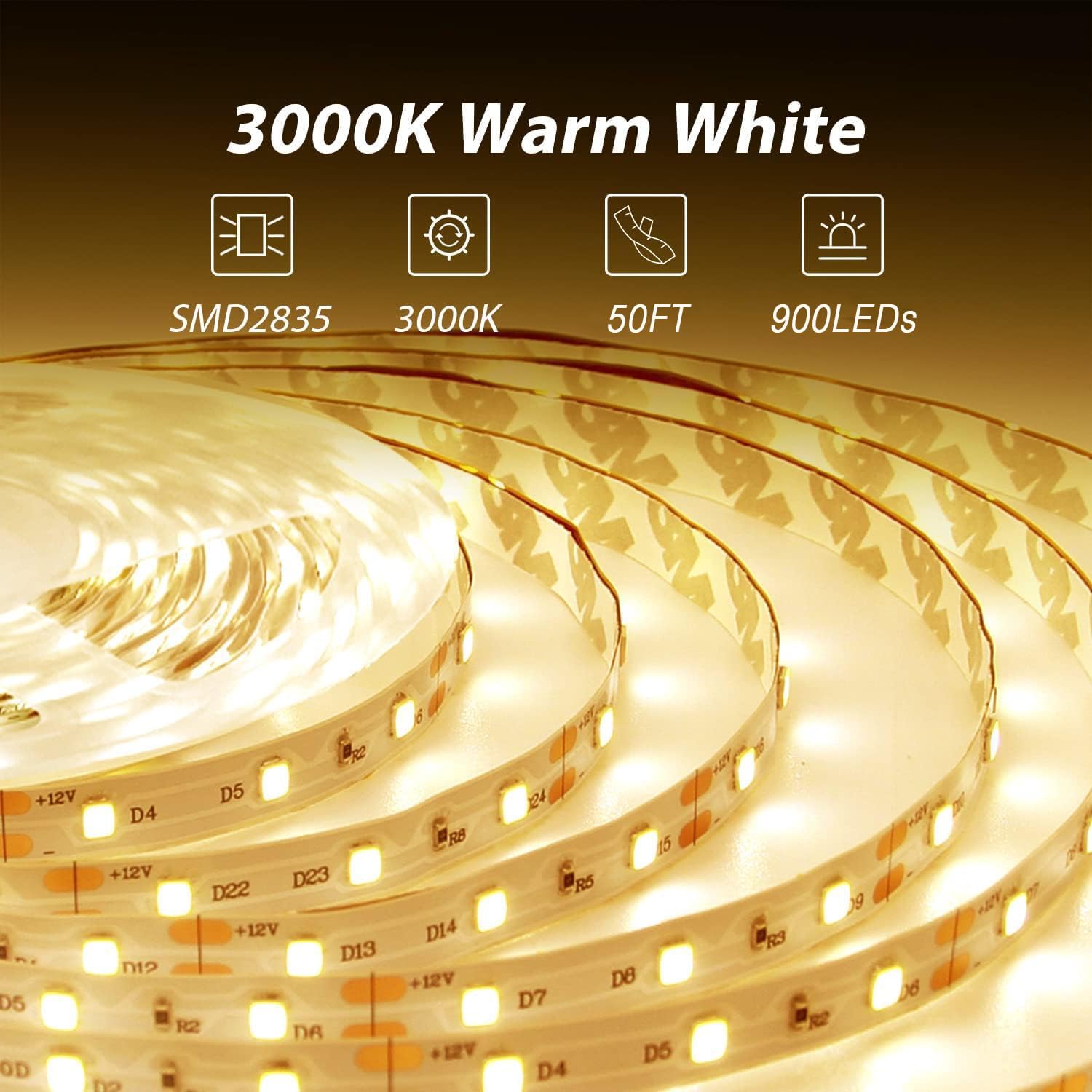 dalattin 50ft Warm White LED Strip Lights, Dimmable 3000K, 900 LEDs for Bedroom, Kitchen, Strong Adhesive, Model AAC206275000-KSUS0
