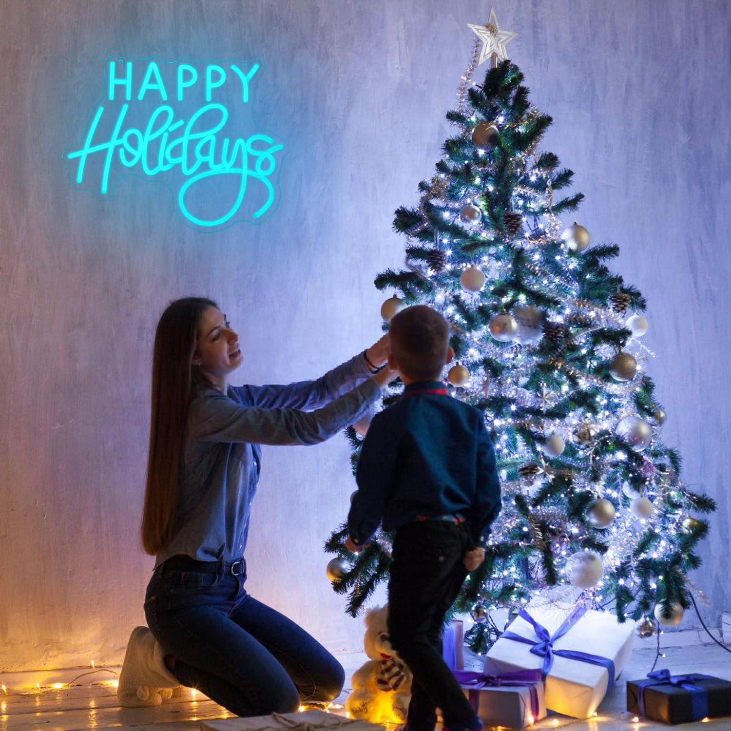 Lmsignly Happy Holidays Neon Sign For Wall Decor Blue Holiday Neon Lights Dimmable Led Christmas Neon Signs For Christmas  Thanksgiving  New Year