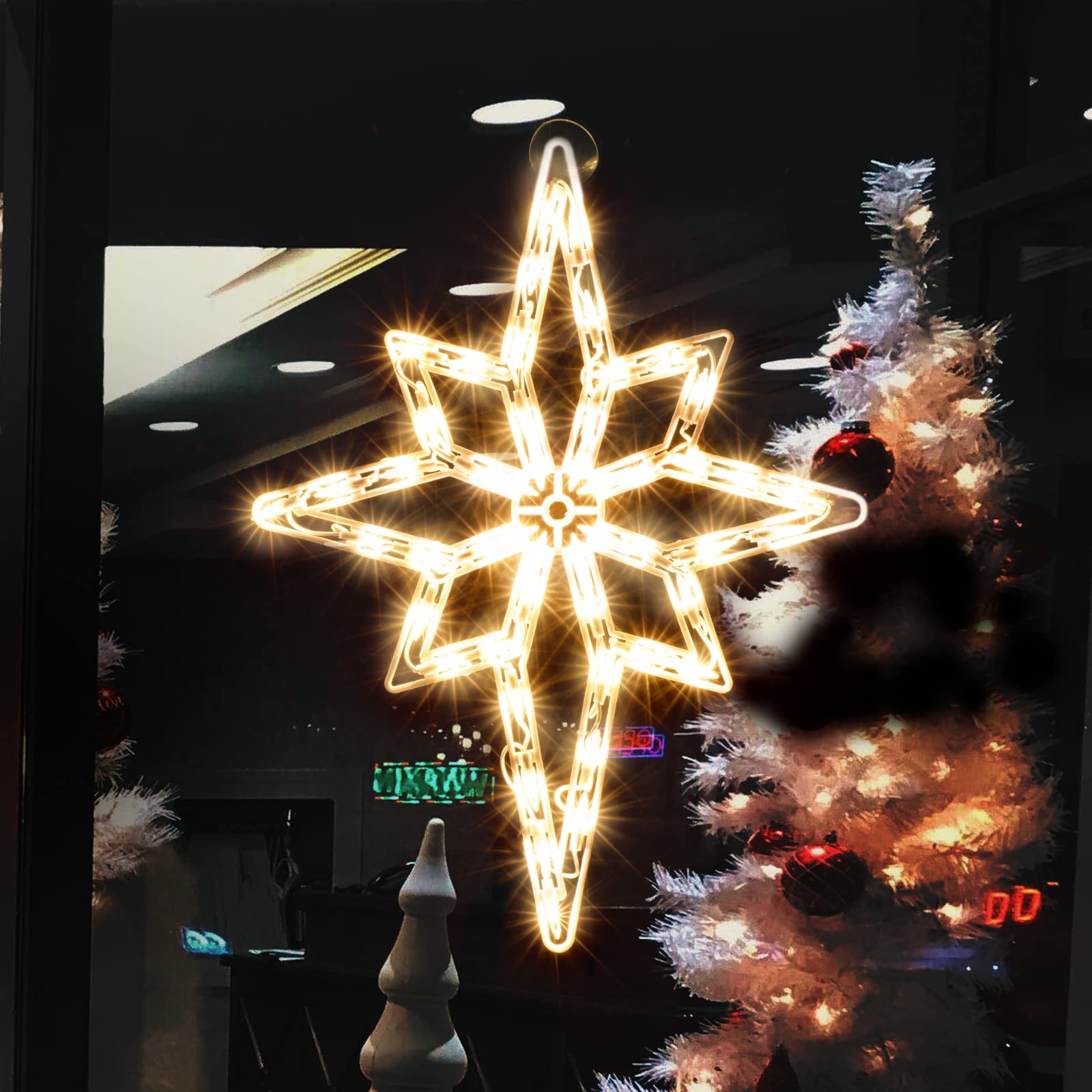 JUSTPRO Christmas Window Silhouette Lights, Lighted Star of Bethlehem Double Sided Decorations with 50 Count Incandescent Mini Light, for Holiday Indoor Wall Door Glass Decor