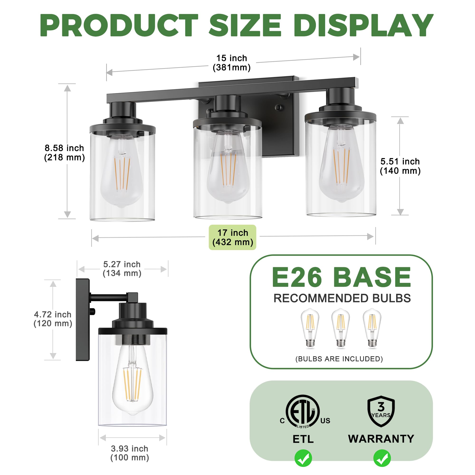 Doresshop 17 Inch Bathroom Light Fixtures  3-Light Black Bathroom Lighting Fixtures Over Mirror With Glass Shade  Modern Vanity Lights For Hallway Bedroom  Includes Bulbs