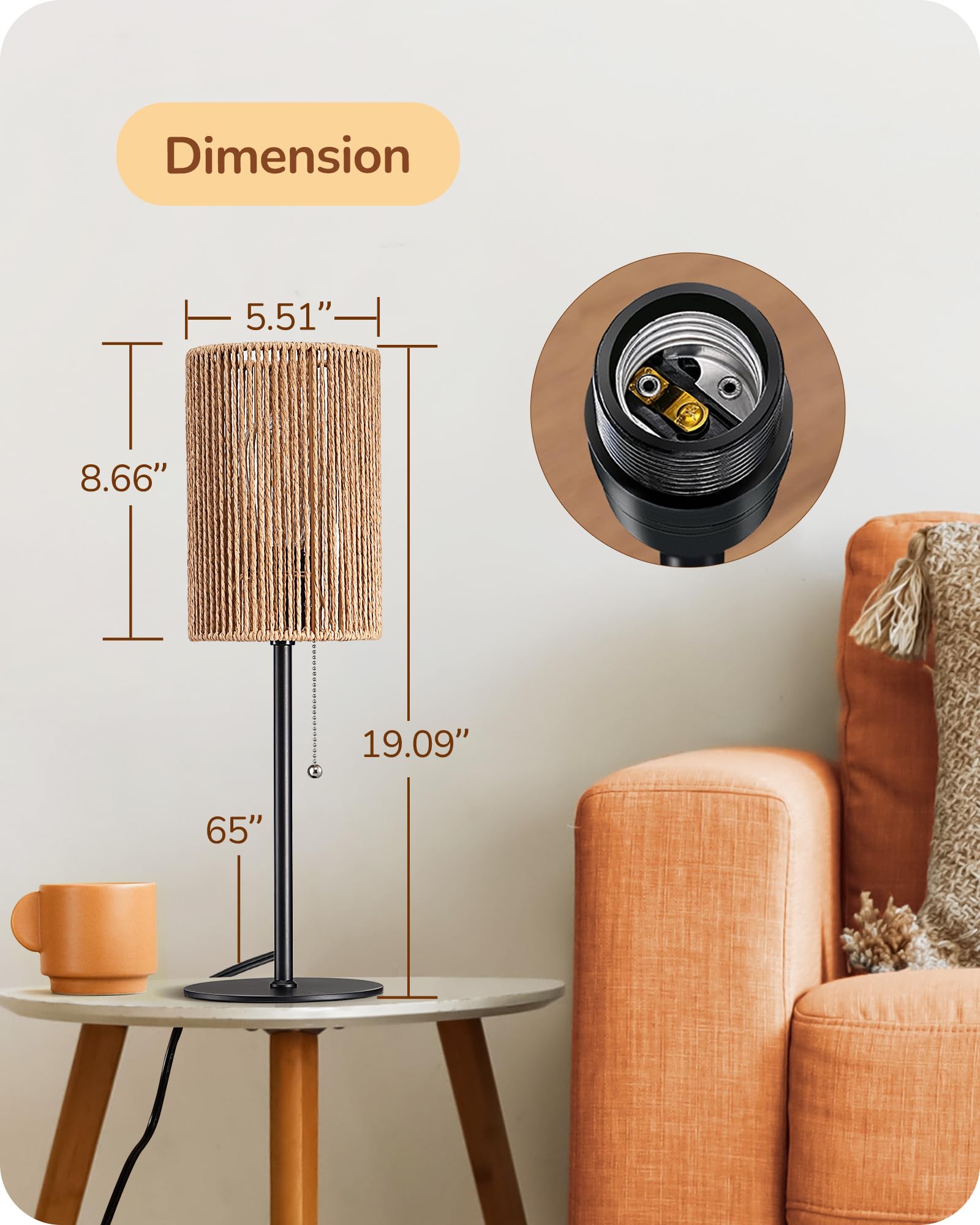 Edishine Tall Table Lamp, 19.1'' Rattan Bedside Lamp With Vertical Woven Shade & Pull Chain Switch, E26 Socket, Metal Base, Boho