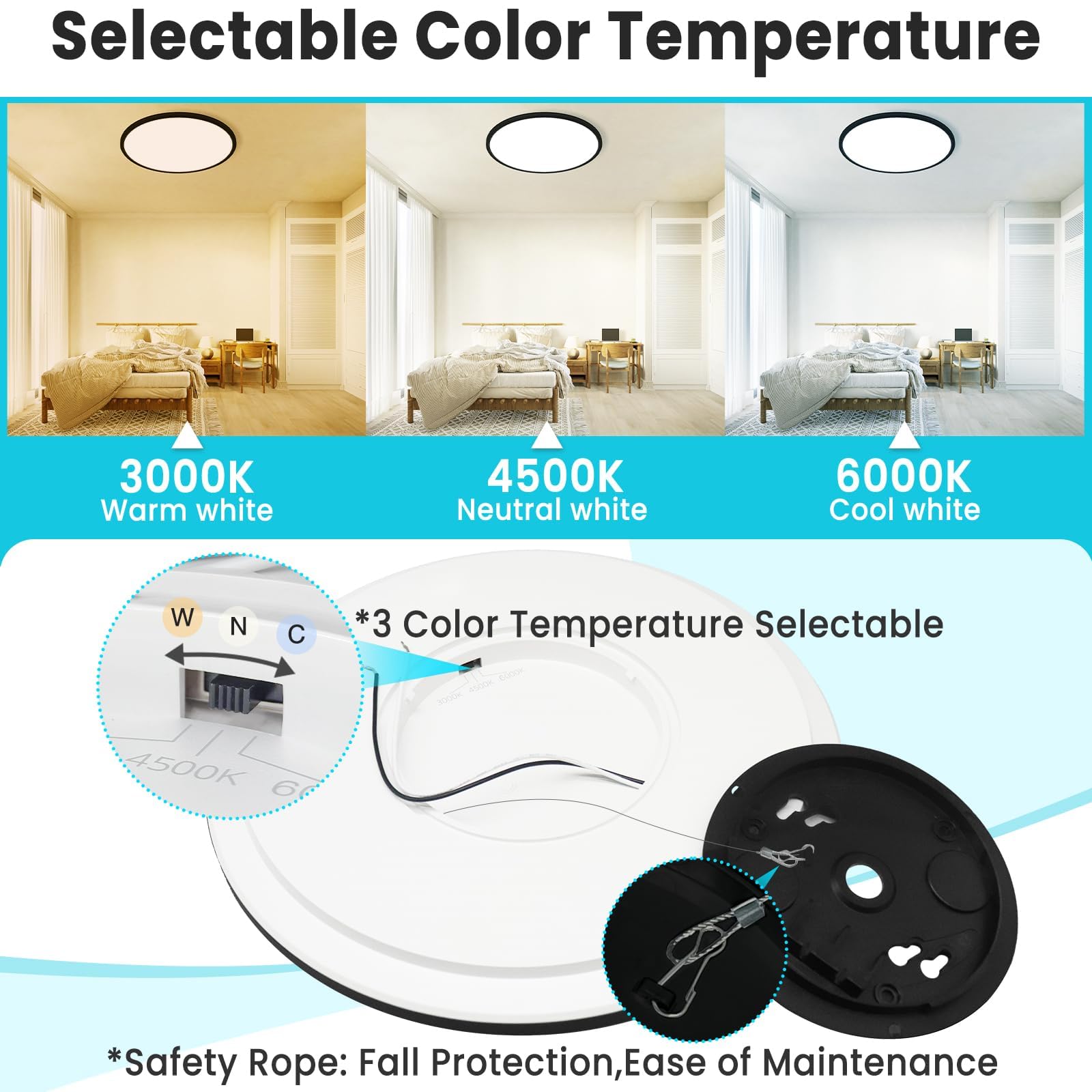 Libtit 16.5 Inch Large Black Flush Mount Ceiling Light, 4200Lm 36W Low Profile Led Ceiling Lights, Warm White/Daylight White/Coo