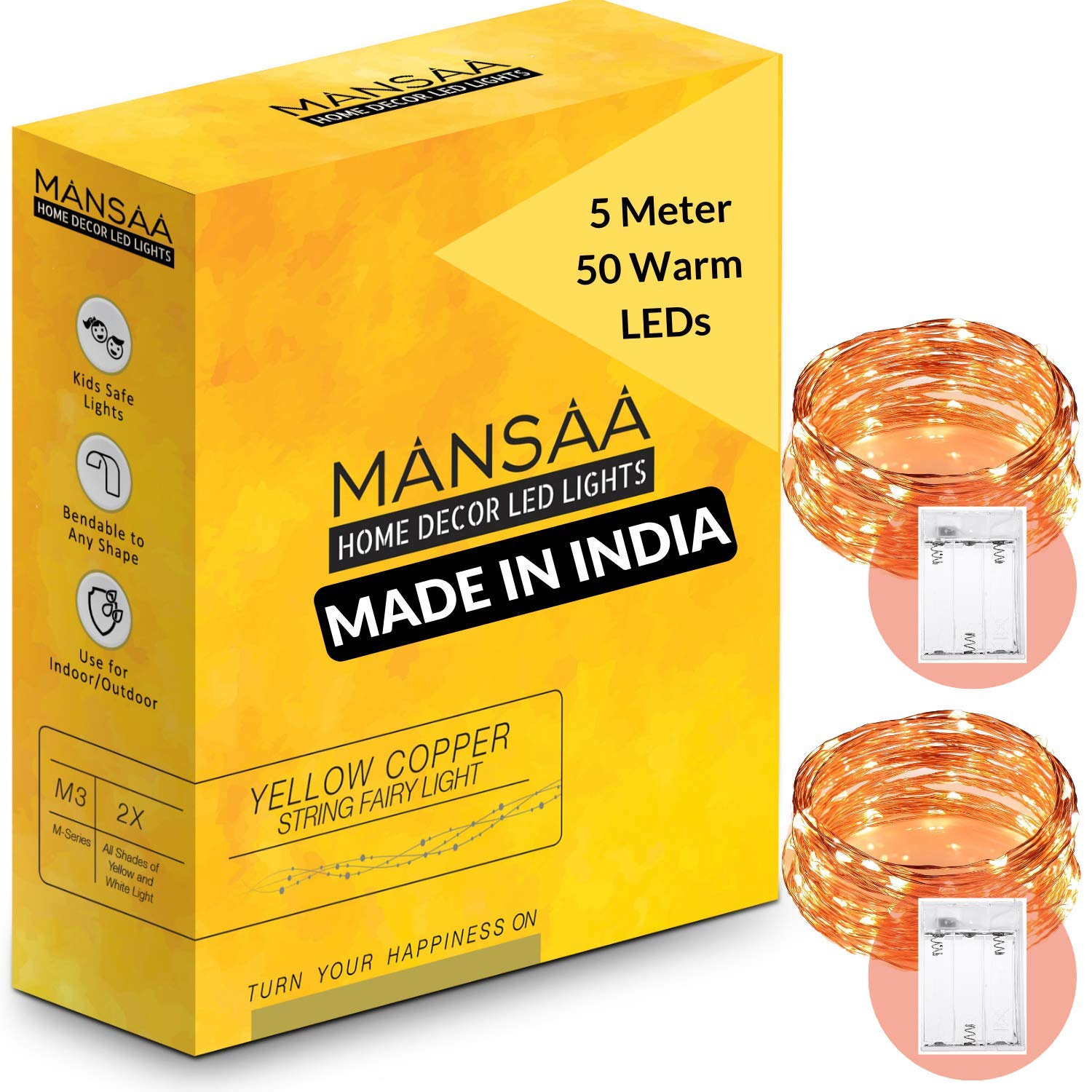 MANSAA M25 Battery Operated LED String Light | 5 Meter 50 LEDs | Yellow Color | Battery Led Lights | Home Decor | Pack of 2
