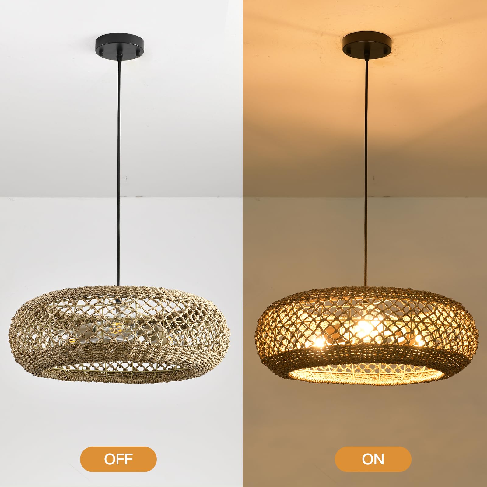 Lhjihfu 3- Lights 20.1'' Rattan Hanging Pendant Light Fixture, Handmade Woven Wicker Bohemian Pendant For Kitchen Island Bedroom