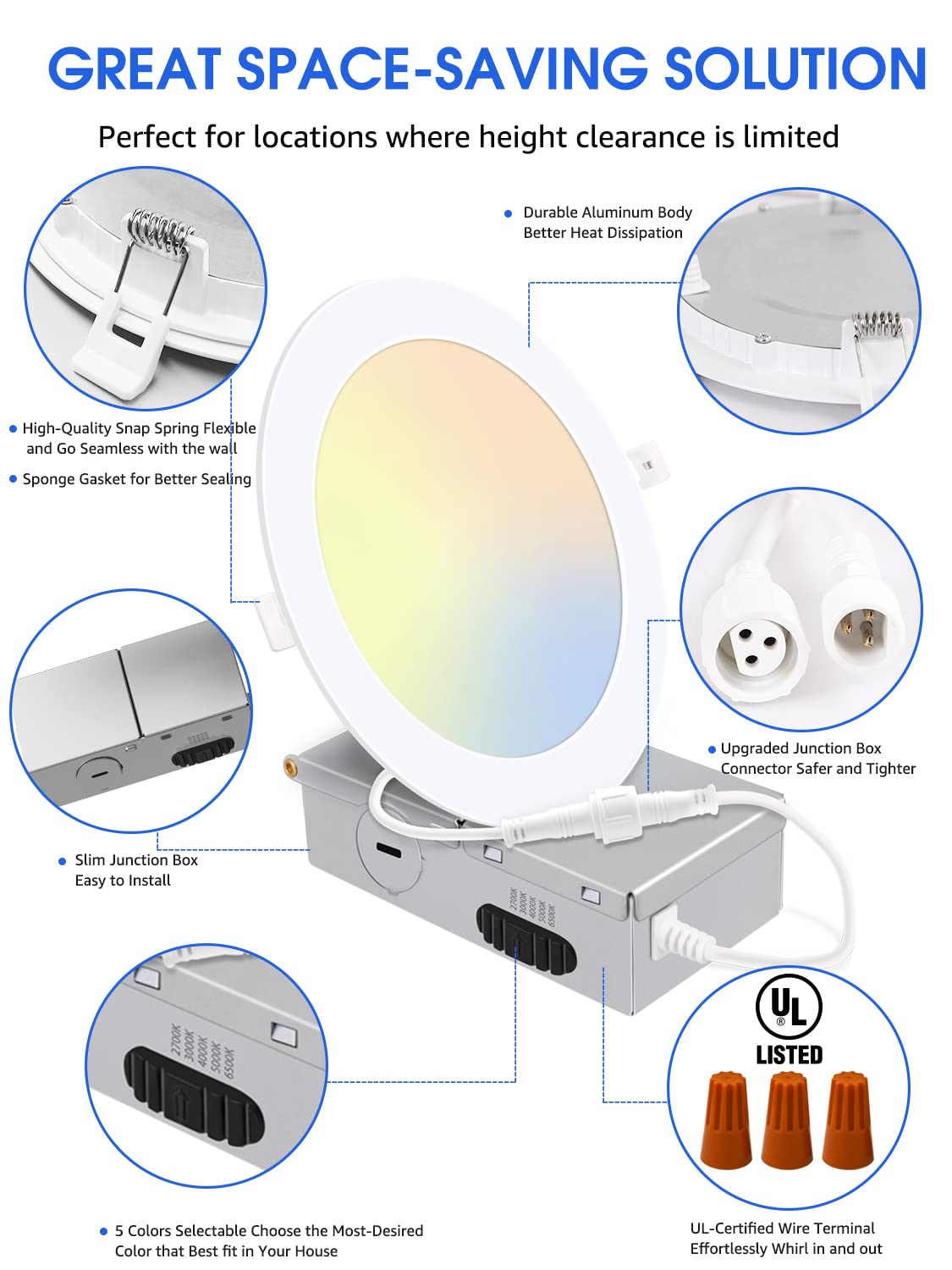 24 Pack 5Cct Ultra-Thin Led Recessed Lighting 6 Inch, Downlight With Junction Box, 2700K/3000K/4000K/5000K/6500K Selectable, 12W 110W Eqv, Dimmable Wafer Lights, 1050Lm Canless Led Recessed Light, Etl