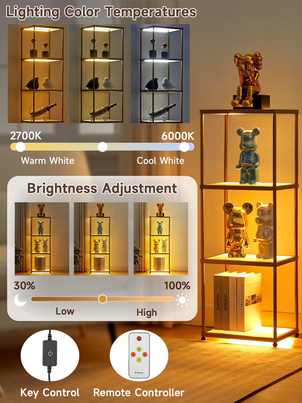 MANBUR LED Display Shelf with 4-Tier Bookcase, Iron, 44inH x 15.7inL x 12.6inW, Gold