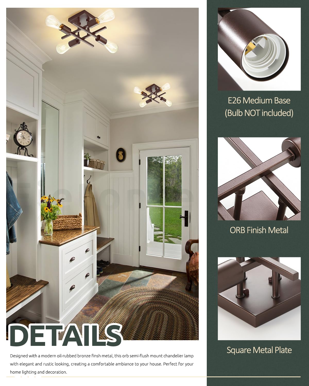 Eietonte 4-Light Semi Flush Mount Ceiling Light Fixture, Metal, Oil-Rubbed Bronze, EIECL001-ORB1P, 1 Count