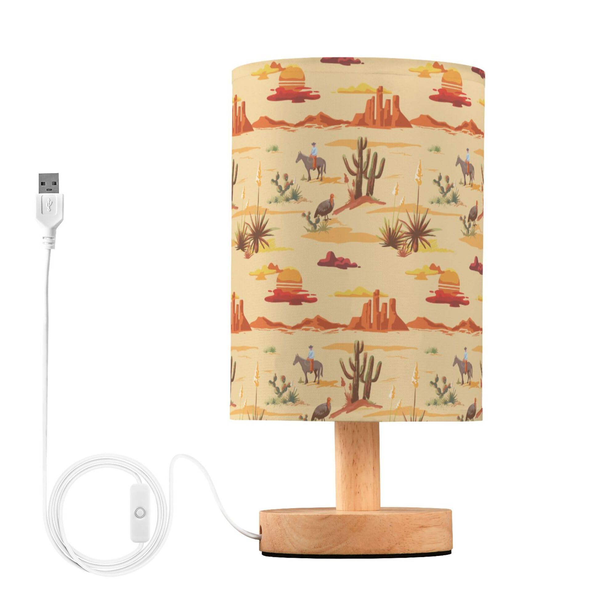YYZZH Table Lamp Vintage Desert Sunset Pattern Cactus Mountain Cowboy Horse Turkey Nightstand Lamp with Wood Base Fabric Lamp Sh