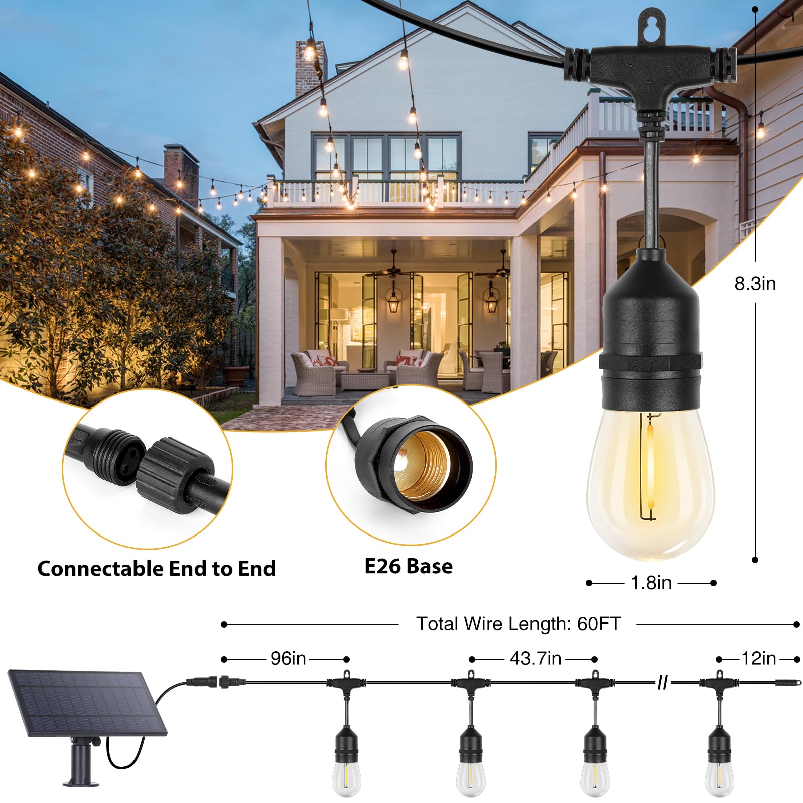 ZJOJO Solar String Lights 60FT, 15 Shatterproof Bulbs, Waterproof, Black, Model GY-S-E2615