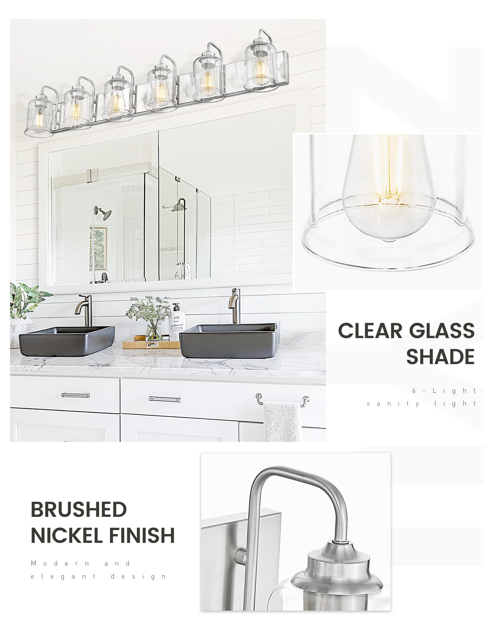 Zeyu 6-Light Bathroom Wall Light Fixture  44 Inch Modern Nickel Vanity Lighting Fixtures For Bedroom  Brushed Nickel Finish With Clear Glass Shade  Zsl72B-6W Bn