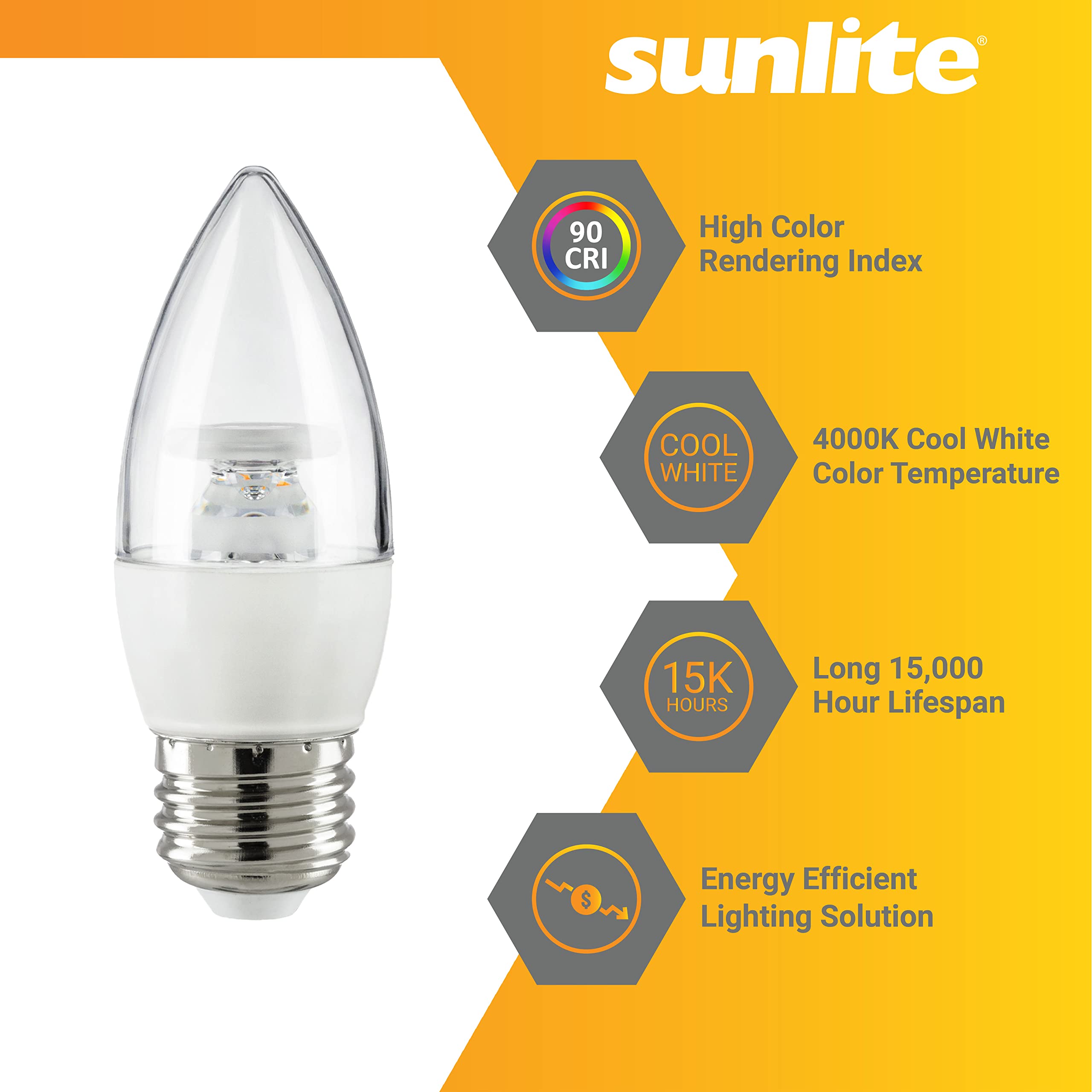 Sunlite Led B13 Torpedo Decorative Chandelier Light Bulb, 7 Watts (60W=), 500 Lumens, 120 Volts, Dimmable, E26 Base, Energy Star