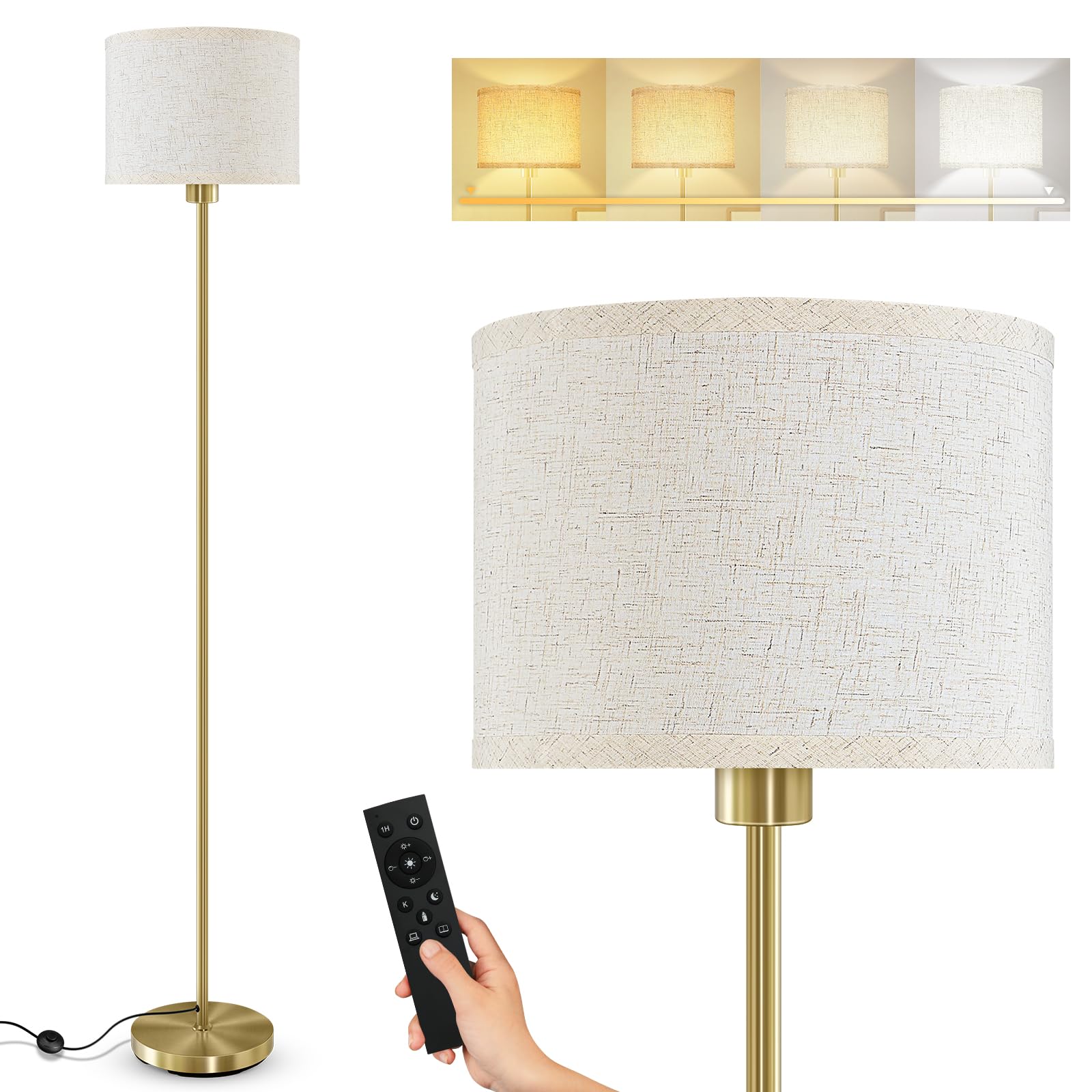 Bricosmocon Gold Floor Lamp, Stepless Dimmable, Remote Control, 2700K-6500K, 10W/1200LM, Modern Design for Living Room/Office