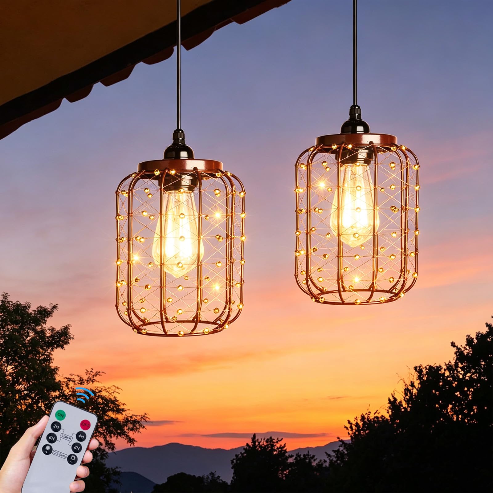 ALL FORTUNE Battery Operated Hanging Outdoor Chandelier, Battery Pendant Light 4 AA Battery-Powered for Gazebo, Pergola, Porch, 