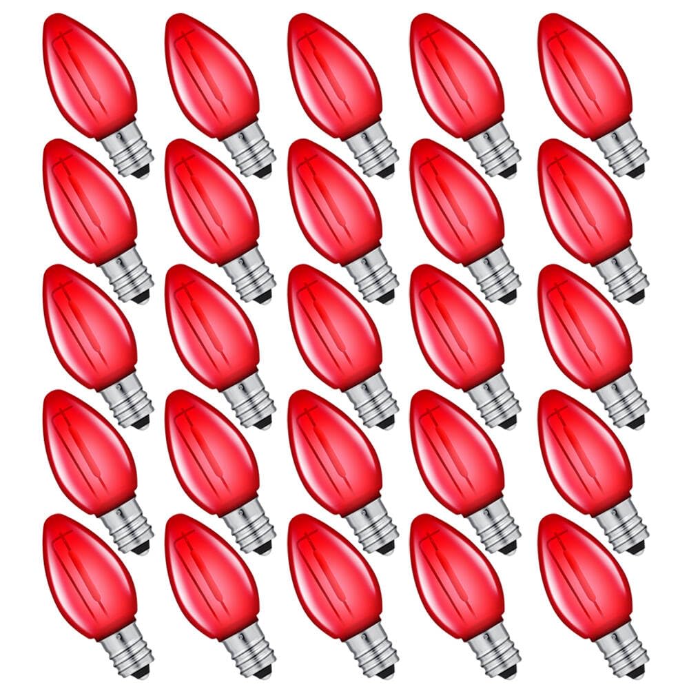 Neteha 25 Pack C7 Red Led Replacement Christmas Light Bulb, C7 E12 Base 120V Waterproof Led Bulbs For Christmas Outdoor String L