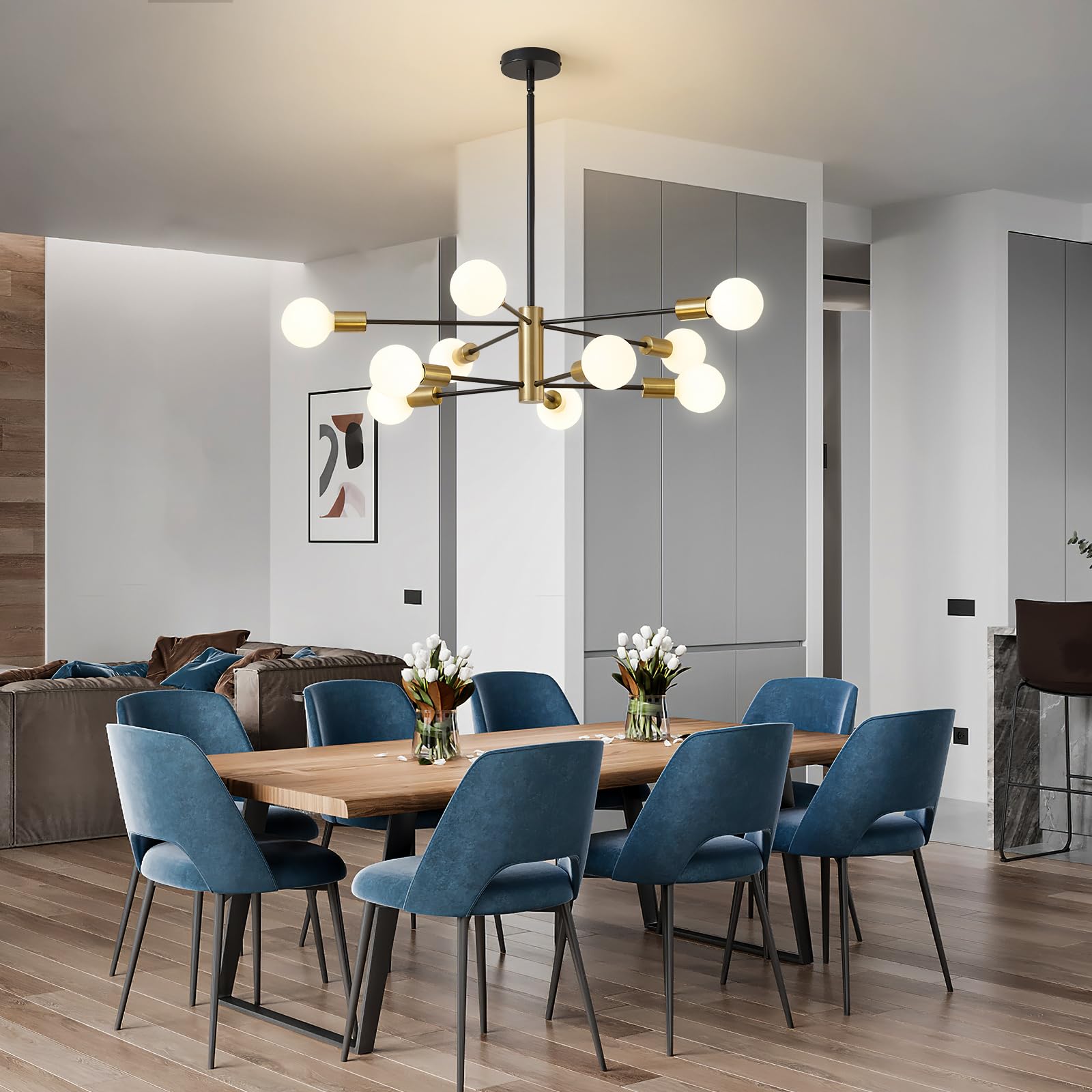 RUIYEY 10-Light Sputnik Chandelier, Modern Black and Gold Metal Ceiling Light Fixture for Kitchen Island, Living Room, Dining Room