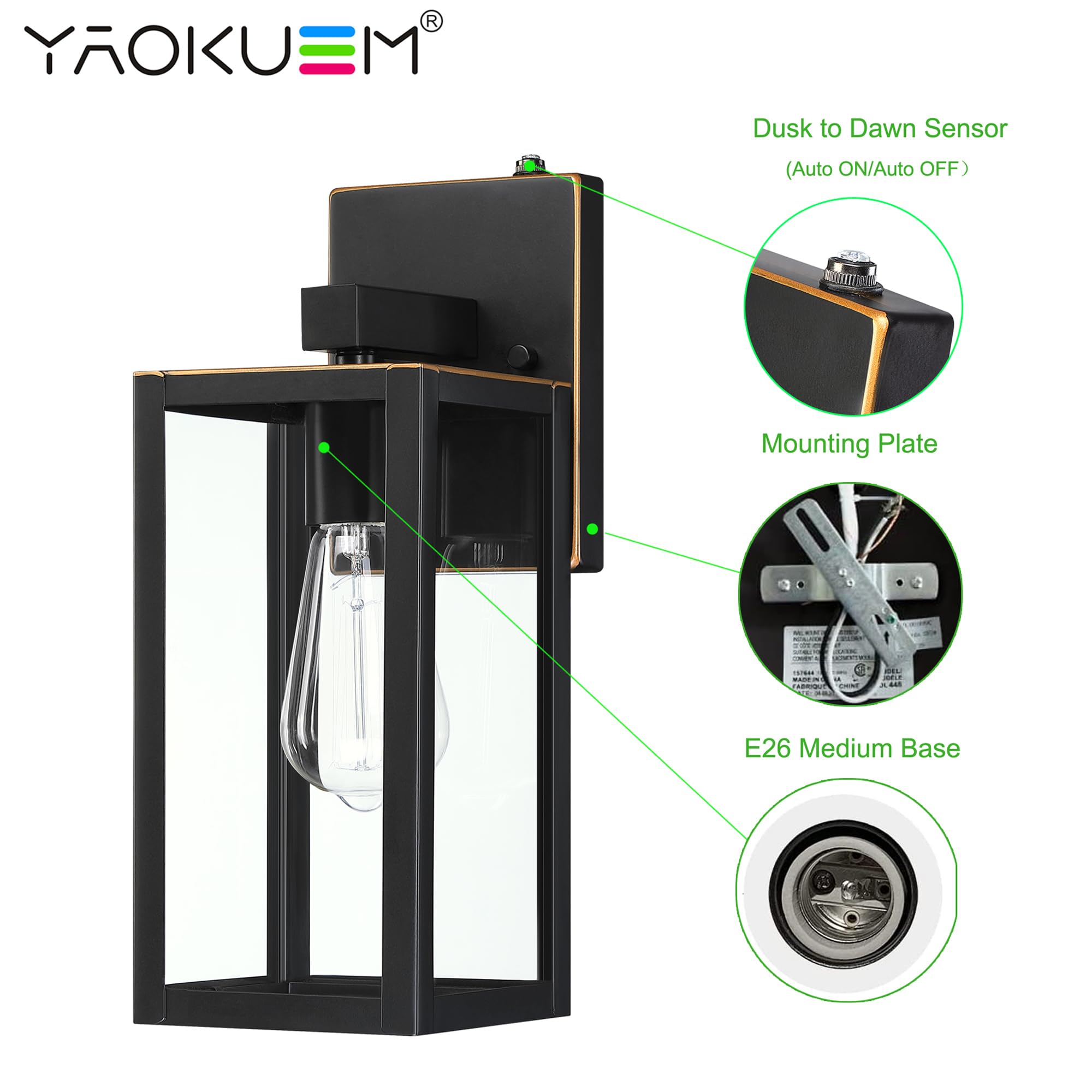 YaoKuem Dusk to Dawn Outdoor Wall Lantern, Photocell Sensor Wall Sconce as Porch Lighting Fixture, E26 Medium Base, Metal Housin