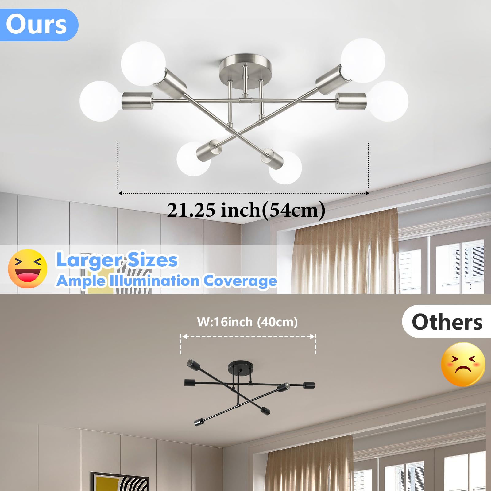 Bosceos Modern 6-Light Sputnik Chandelier, Brushed Nickel Ceiling Fixture For Living Room & Kitchen