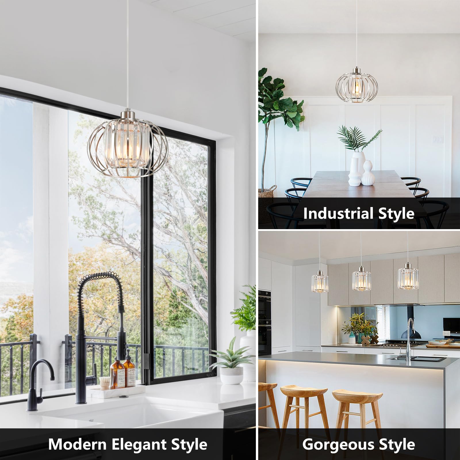 XSDeTu Modern Brushed Nickel Pendant Light, Adjustable Metal Cage Chandelier for Kitchen Island and Hallway