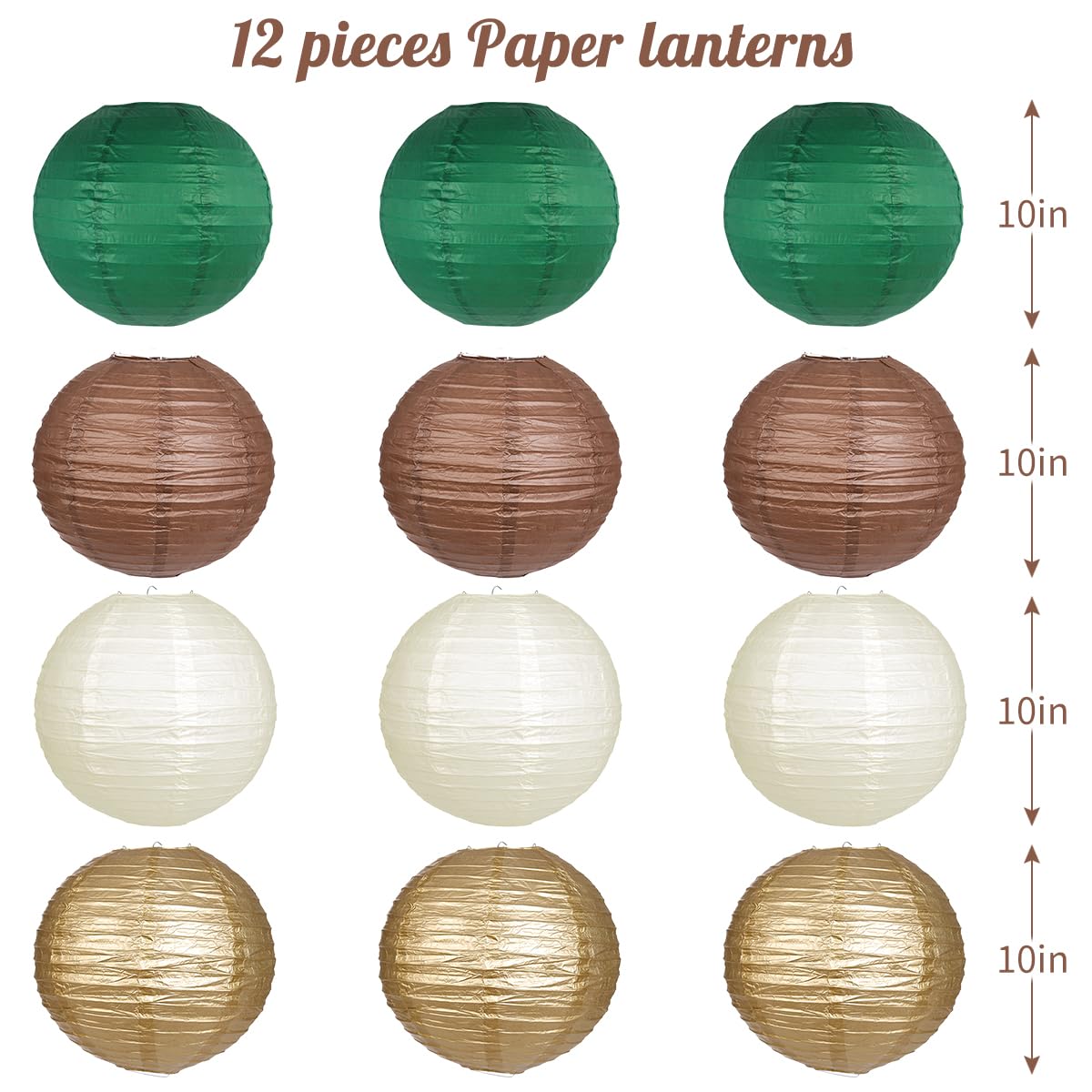 YUNXUAN Paper Lanterns Pack of 12, Round, Green Brown Gold, for Birthday Party and Baby Shower Decorations, Model YX1034