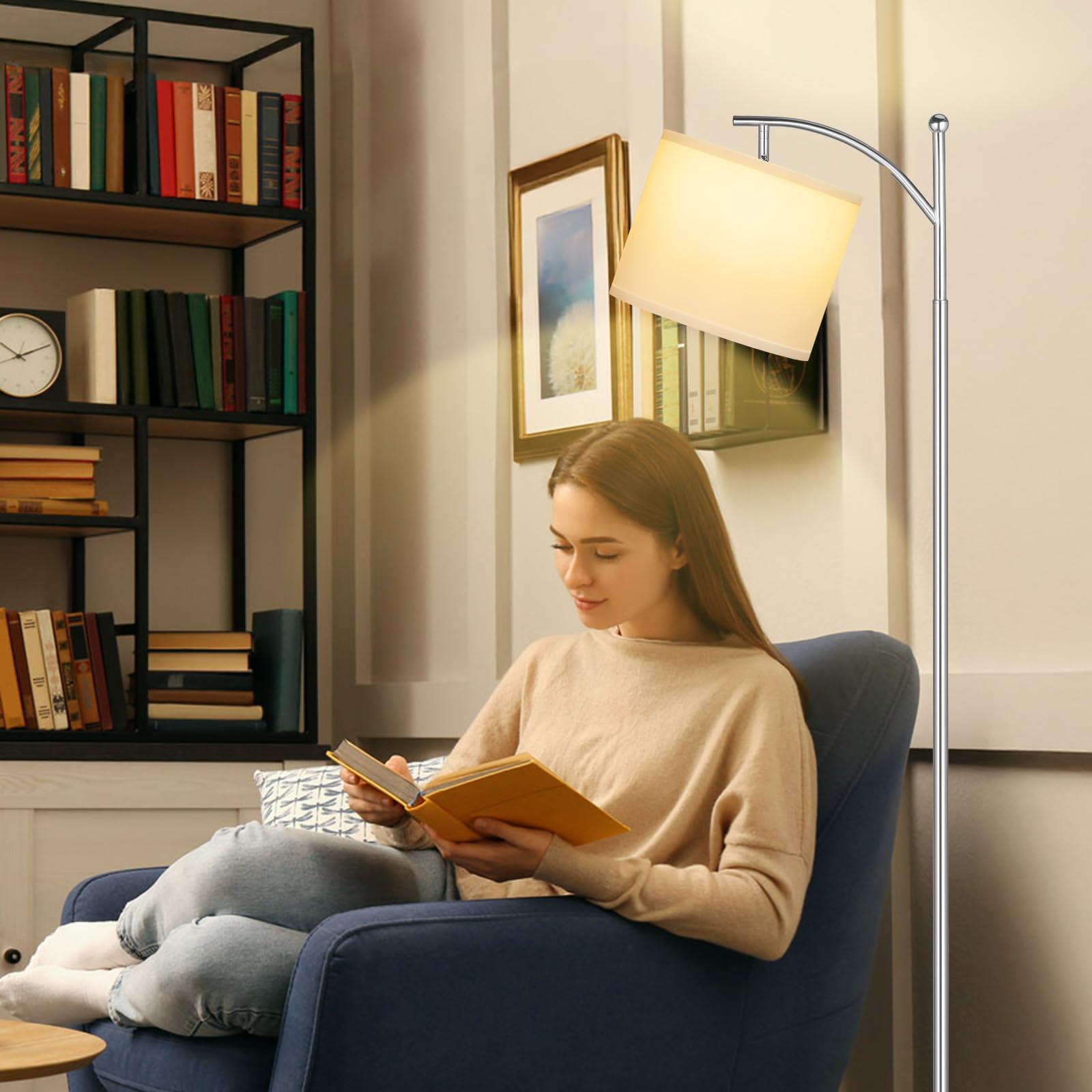 60" Floor Lamps For Living Room With 3 Color Temperatures, Adjustable White Shade With Silver Pole, Tall Lamps For Living Room Bedroom Office Classroom Dorm Room, 9W Bulb Included