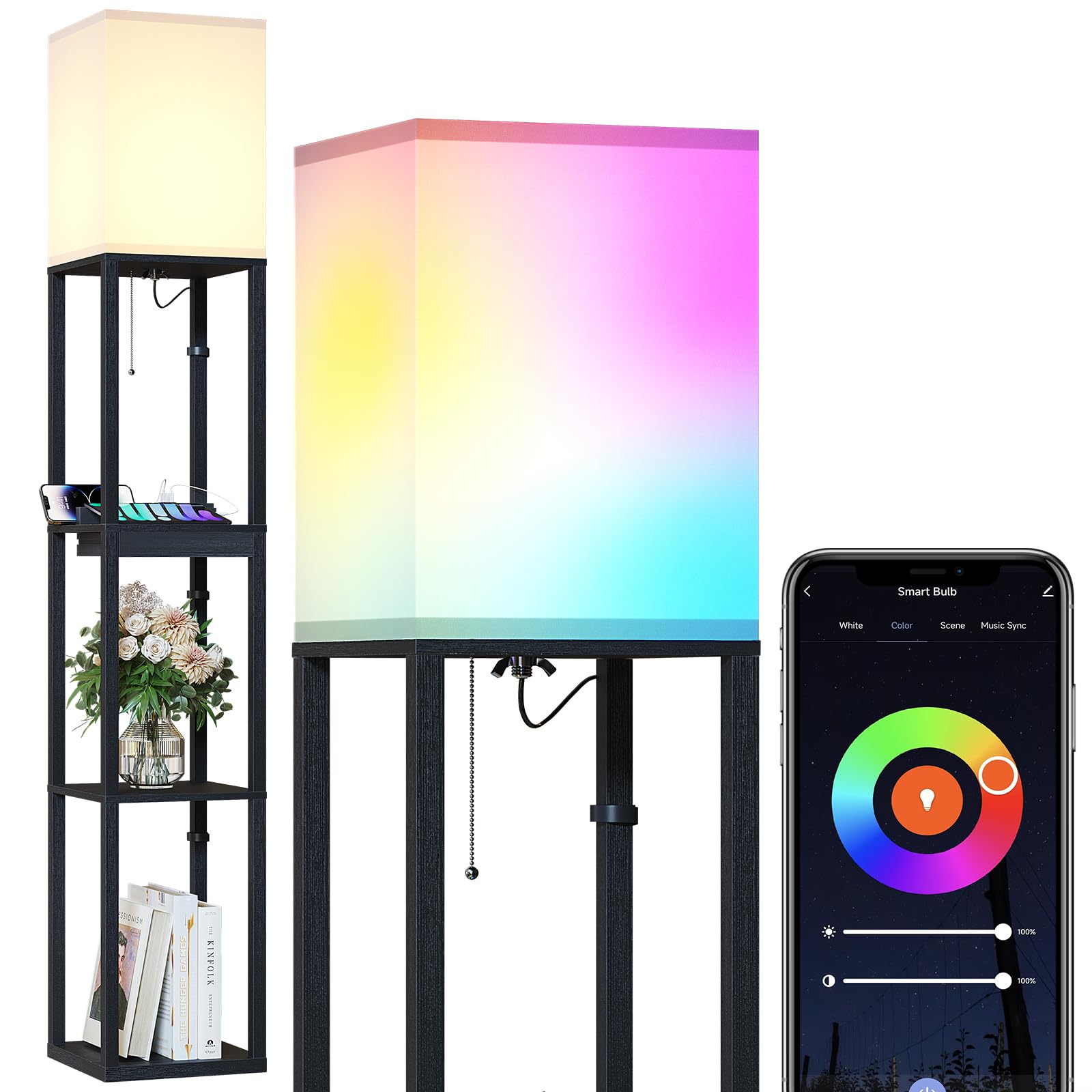 SUNMORY Floor Lamp with Shelves, RGB Light Dimmable Standing Lamp with APP Control, Tall Shelf Lamp for Living Room and Bedroom,
