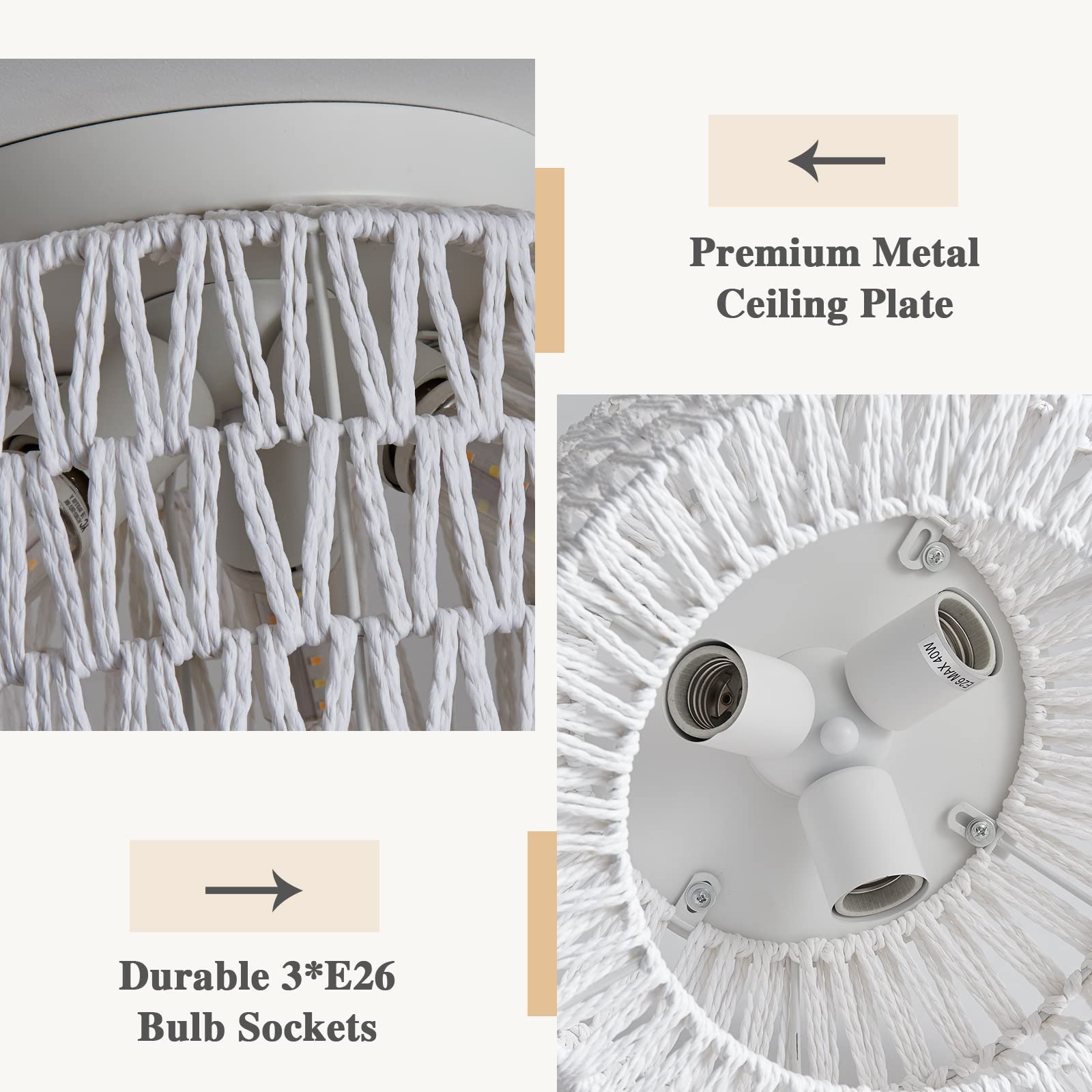 Rattan Light Fixtures Ceiling Mount, 3-Lights Boho Flush Mount Ceiling Light, Hand-Woven Cage Shade Lamp Lighting, Rustic Rattan