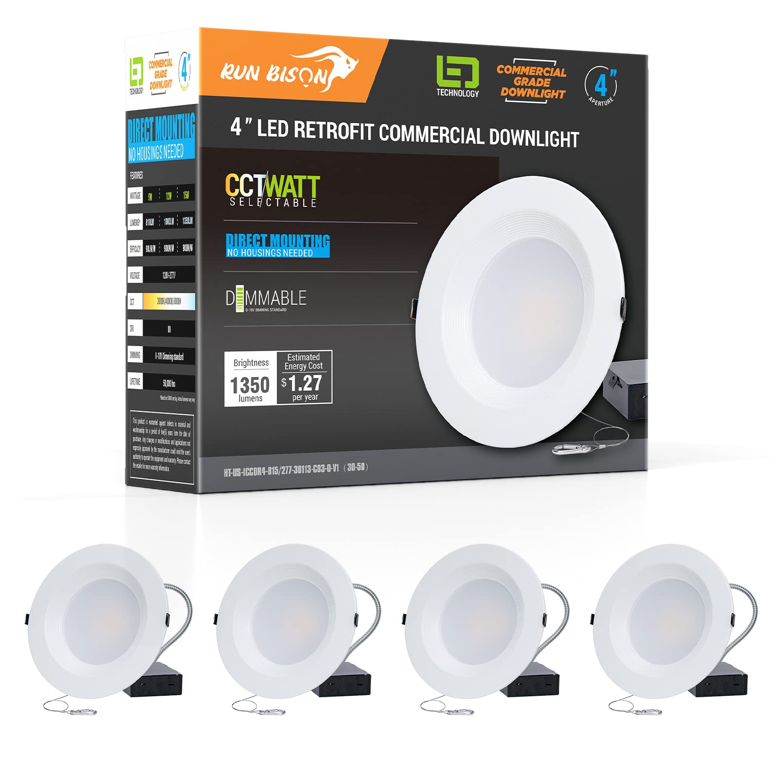 4 Inch Recessed Led Commercial Downlight With J-Box, Wattage Adjustable 9/12/15W,3 Color Selectable 3000K-5000K, 120-277V,0-10V Dimmable, Ic Rated,Canless Led Downlight,Ul Listed - 4Pk